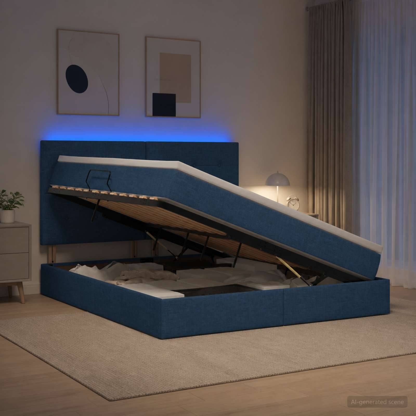 Blau gepolstertes Speicherbett aufgeklappt, um die Matratzenunterlage und den Stauraum unter dem Bett in einem modernen Schlafzimmer zu zeigen.