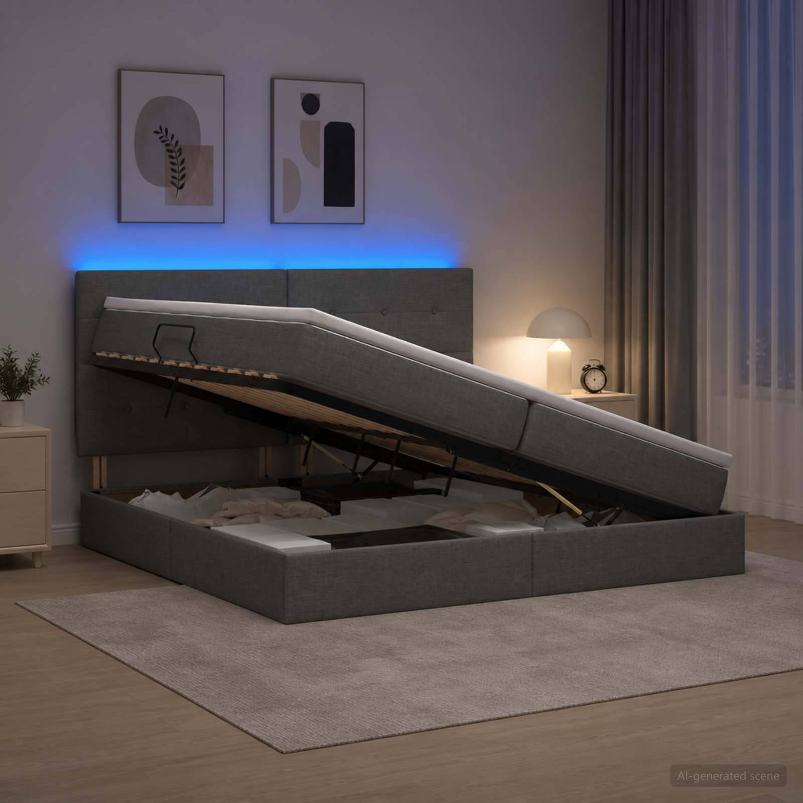 Grau gepolstertes Bett mit Stauraumbasis und verstellbarem erhöhtem Matratzenbereich in einem modernen Schlafzimmer, dargestellt mit blauer Hintergrundbeleuchtung und Nachttischlampe.