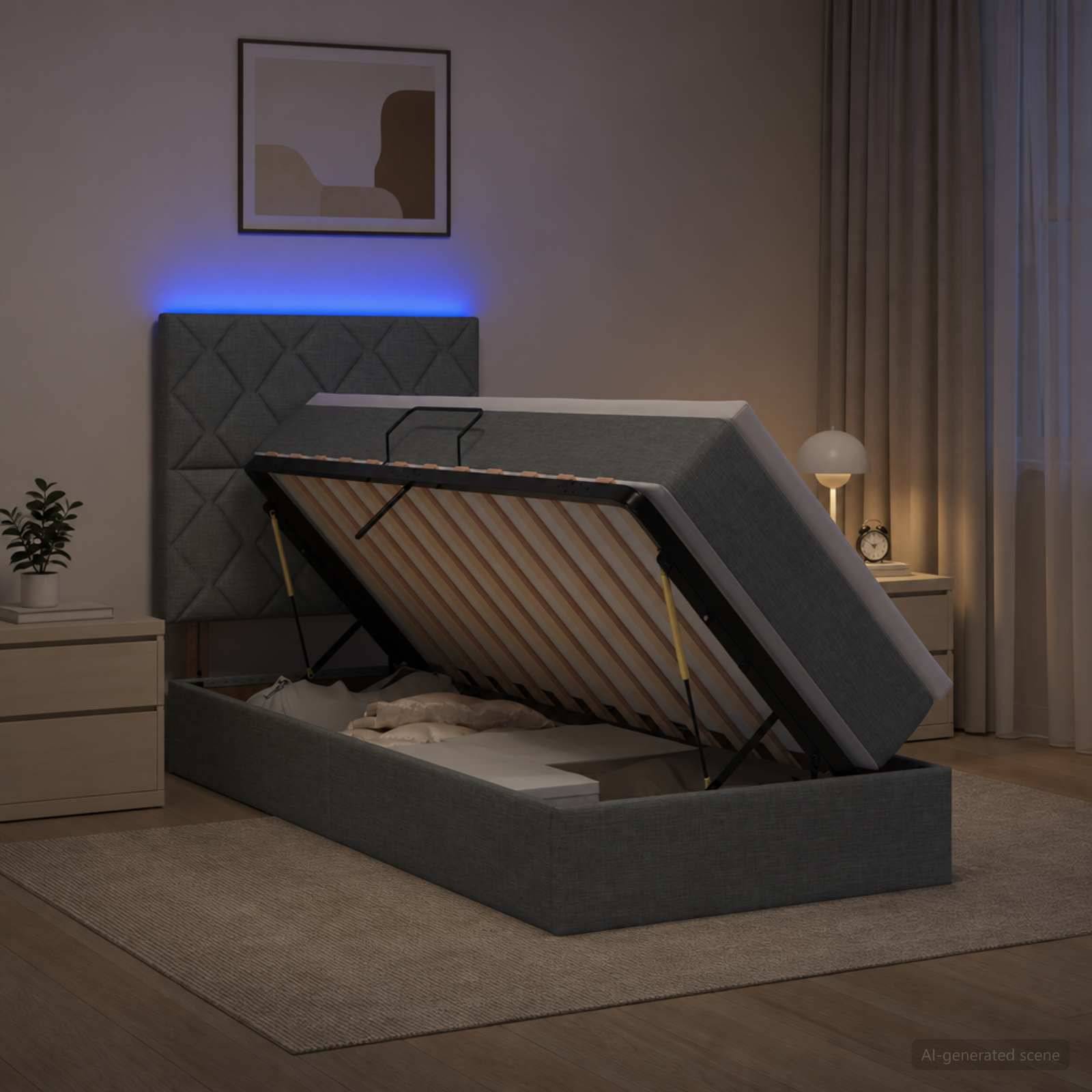 Graues Polsterbett mit Hubmechanismus in einem Schlafzimmer, mit angehobener Matratzenunterlage, die das Staufach und die Stützleisten zeigt.