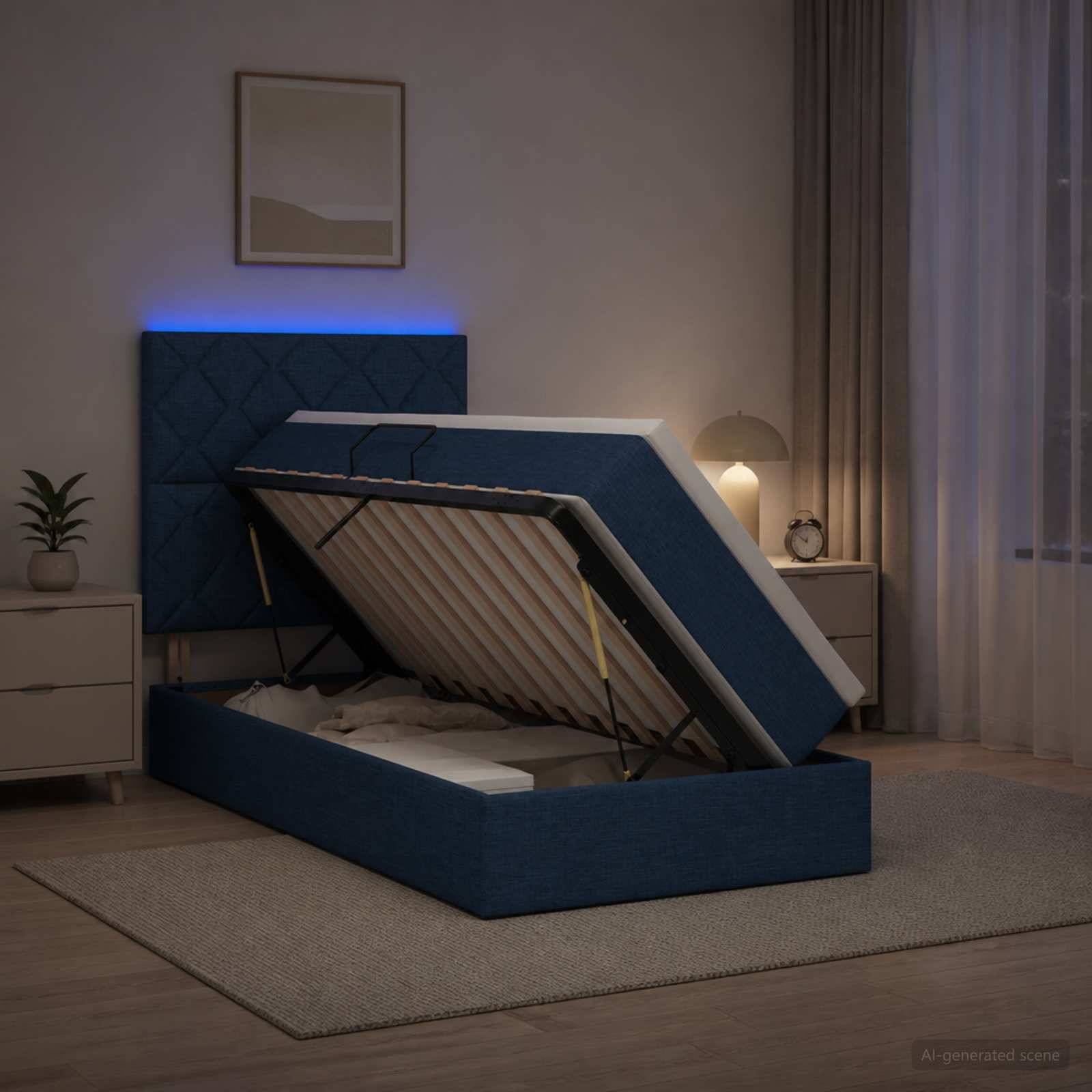 Blaues gepolstertes Bett mit Stauraum und aufgeklappter Matratze, die das Stauerfach unter dem Bett in einem sanft beleuchteten Schlafzimmer offenbart.