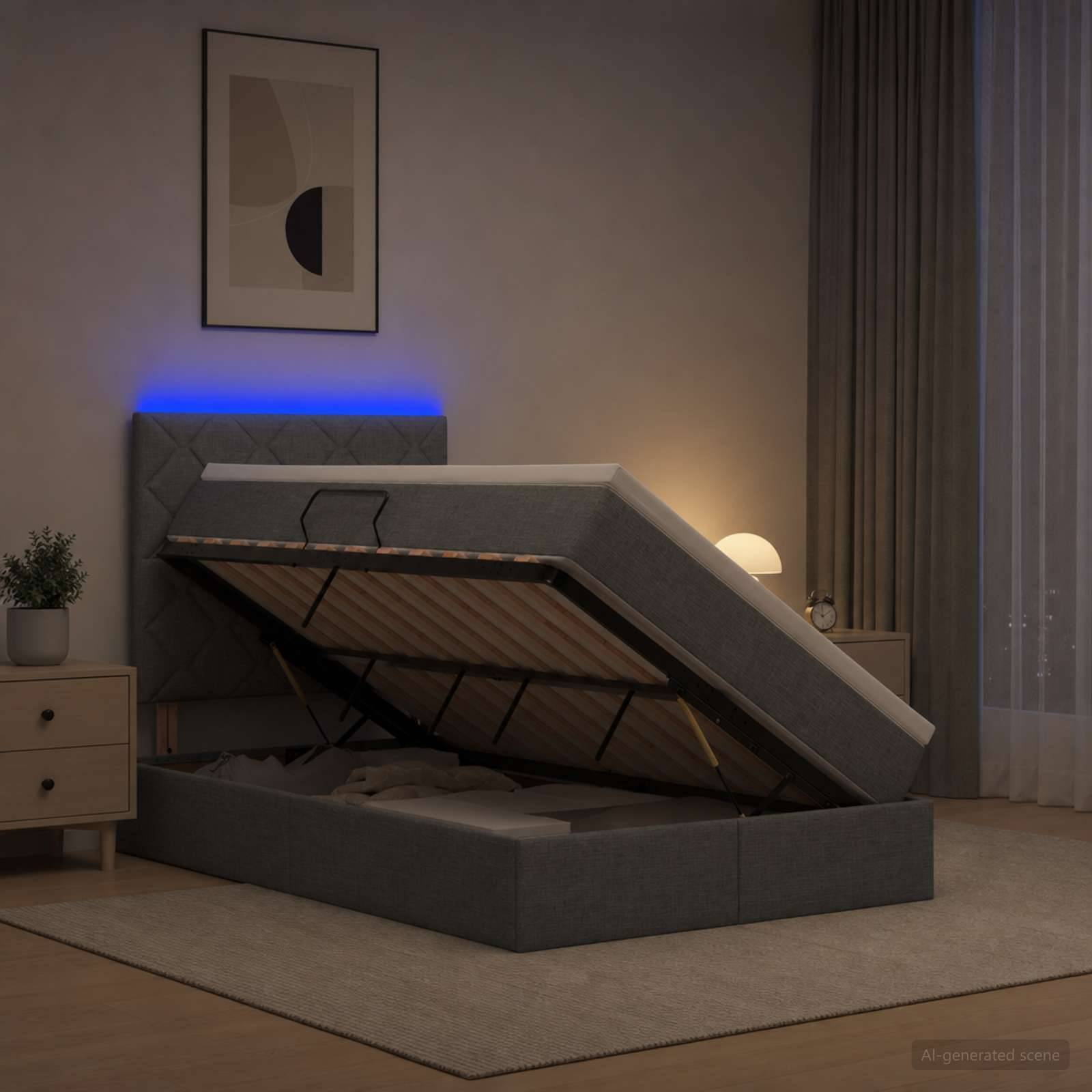 Modernes Polsterbett in einem Schlafzimmer, gezeigt mit aufgeklappter Matratze, um den Stauraum darunter zu zeigen.