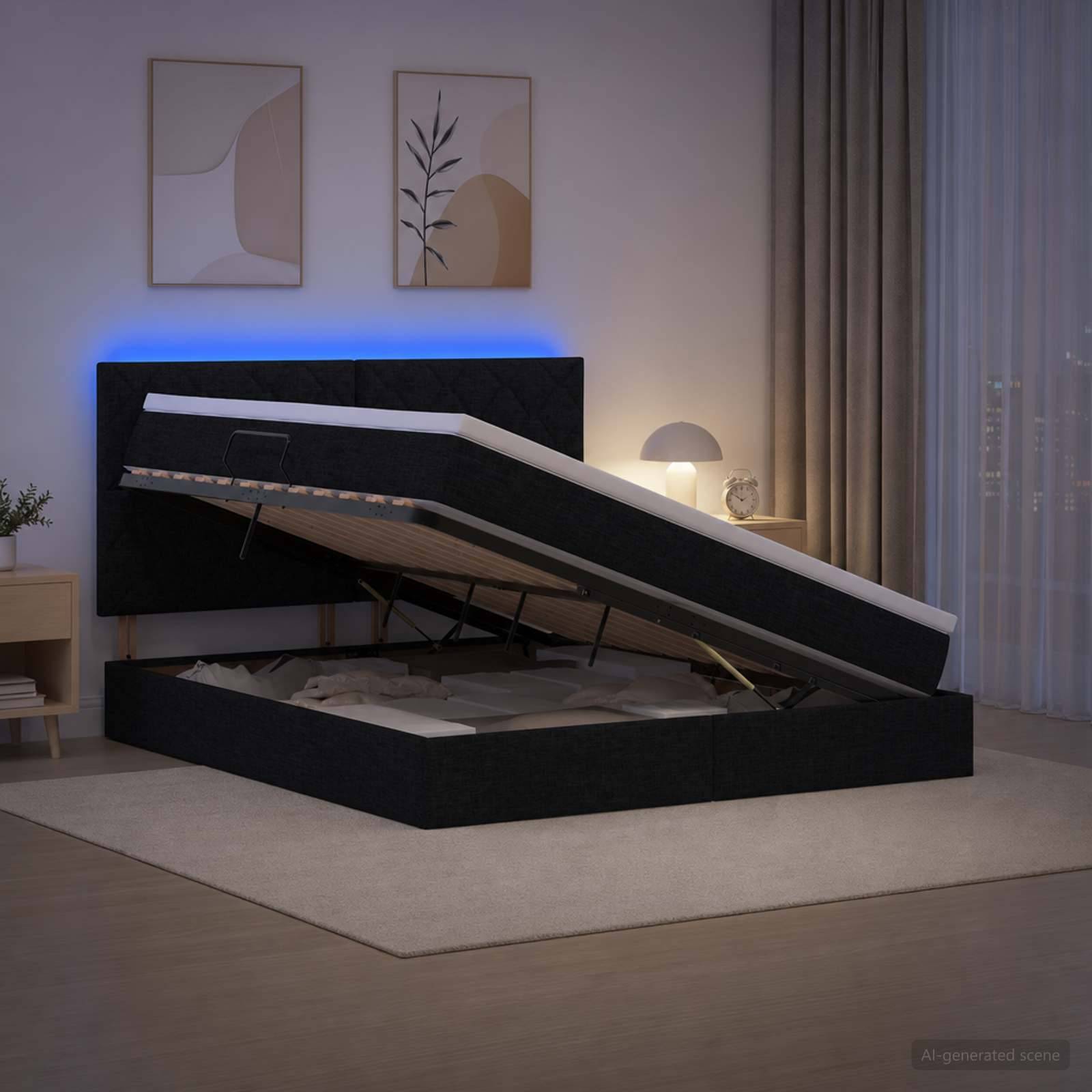Modernes schwarzes gepolstertes Speicherbett, das auf seinem Scharnier angehoben ist und die Matratzenablage in einem sanft beleuchteten Schlafzimmer enthüllt.