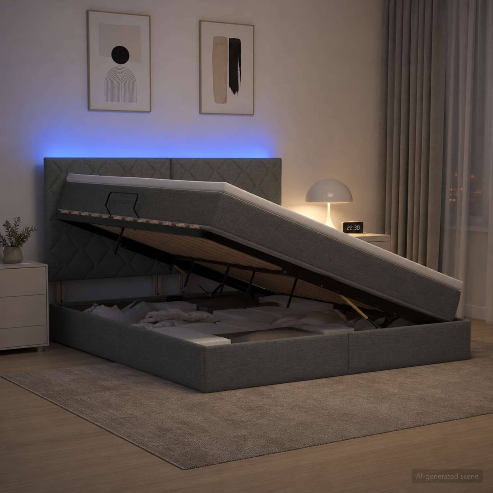 Modernes grau gepolstertes Bett mit Stauraum, das auf einer Plattform hochgeklappt ist und von einem leuchtenden Kopfende in einem zeitgenössischen Schlafzimmer erleuchtet wird.