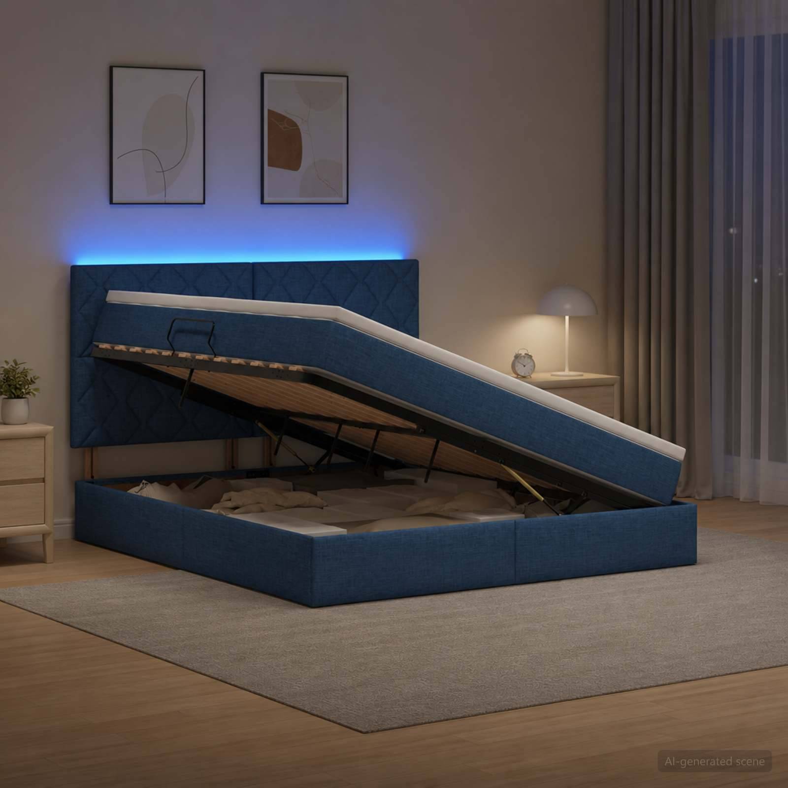 Blau gepolstertes Bett mit Hydraulik-Liftsystem in einem modernen Schlafzimmer, mit angehobener Matratze zur Demonstration des Stauraums unter dem Bett.