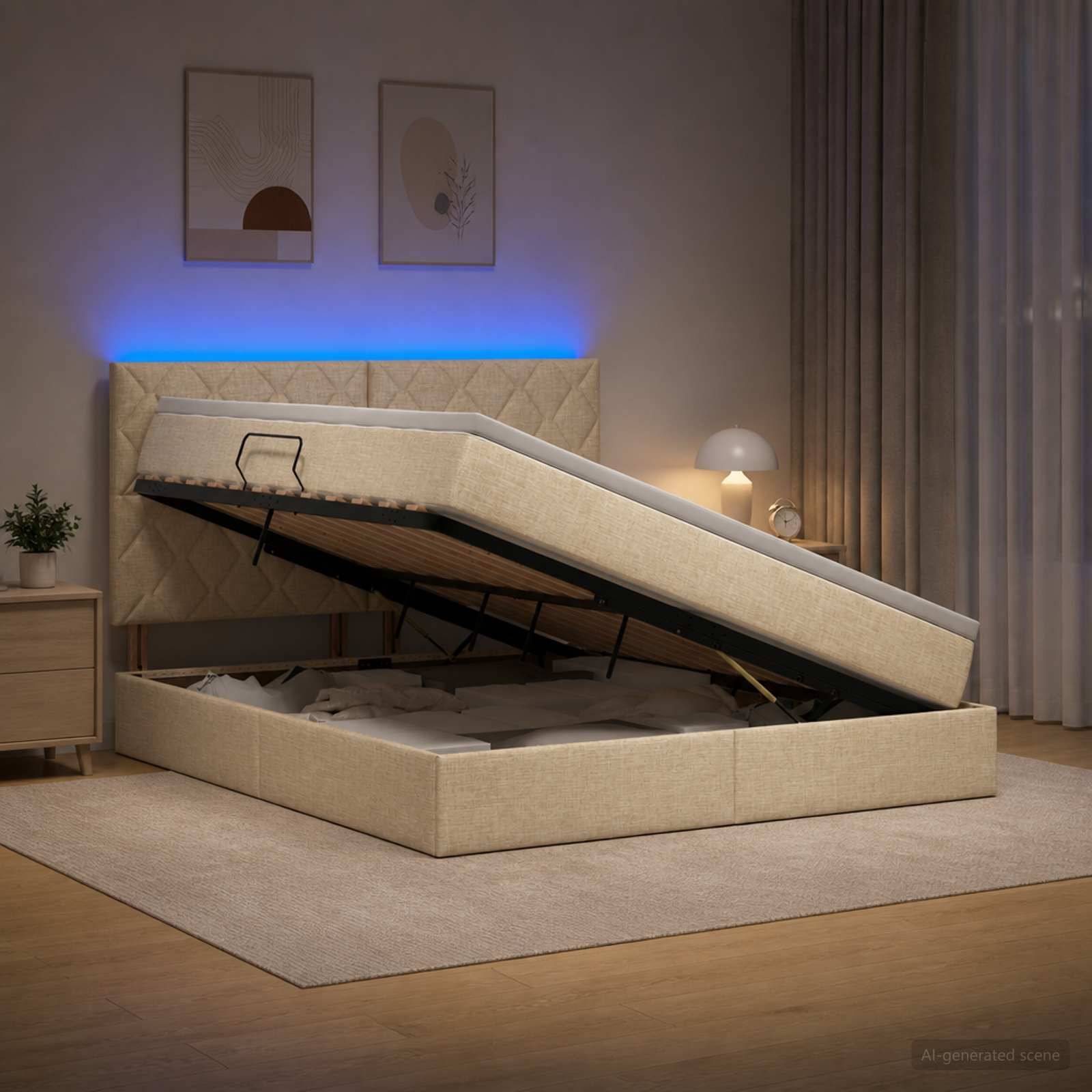 Gepolstertes Speicherbettgestell mit angehobener Matratze auf einer Gasfeder-Basis, die den Stauraum unter dem Bett in einem modernen Schlafzimmer offenbart.