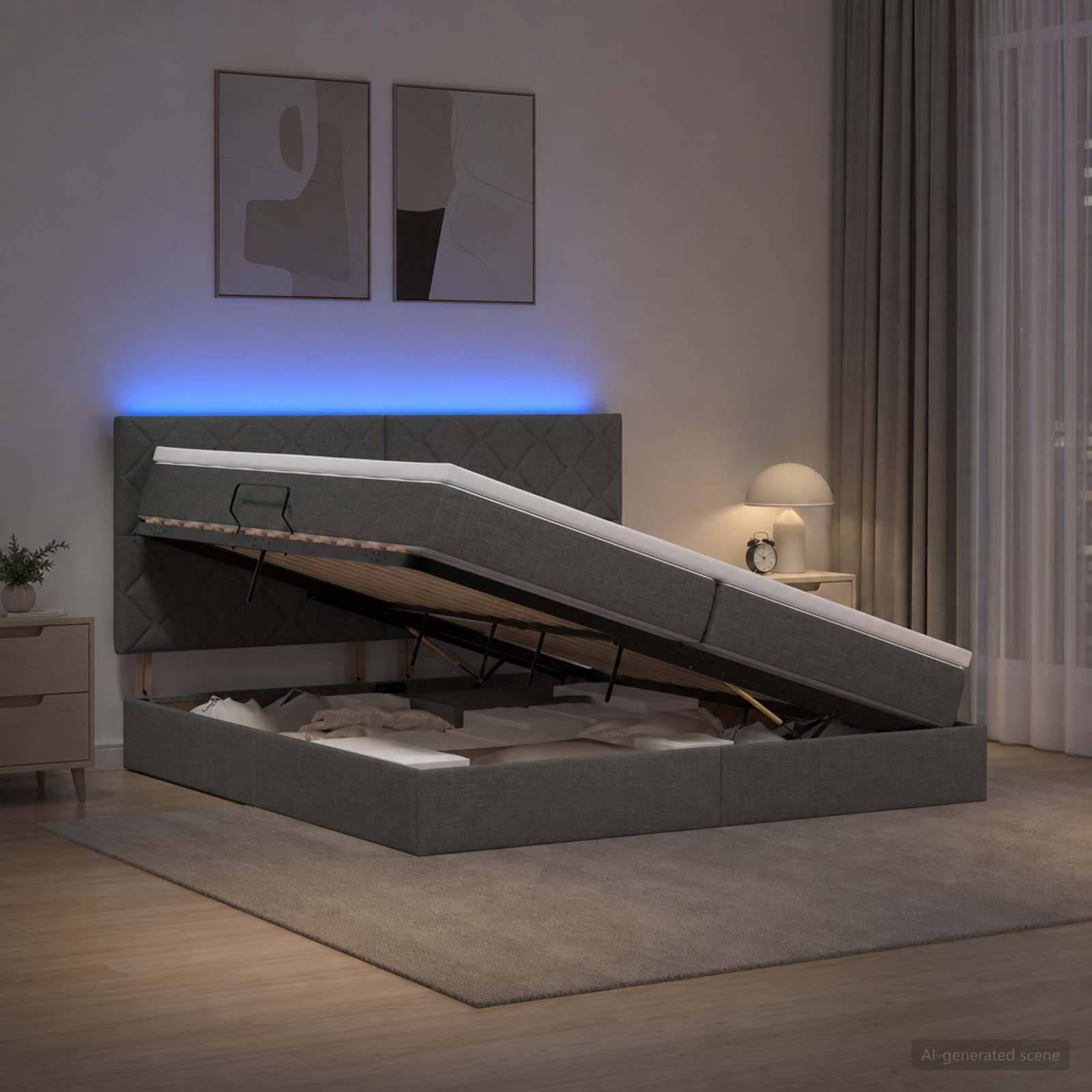 Grau gepolstertes Speicherbett mit hochgehobenem Matratze, um die verstellbare Basis und den Stauraum unter dem Bett in einem modernen Schlafzimmer zu zeigen.