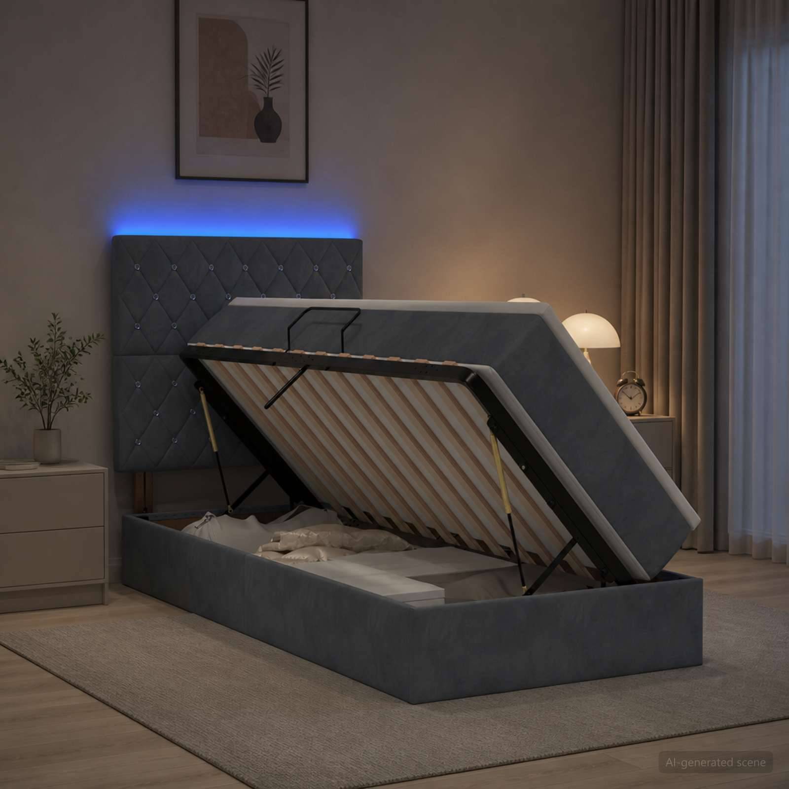 Modernes Schlafzimmer mit einem grau gepolsterten Bettgestell mit Hubfunktion, das offensteht und den Stauraum und die Matratzenauflageleisten zeigt, mit einer weichen Lampe und blauer Hintergrundbeleuchtung hinter dem Kopfteil.