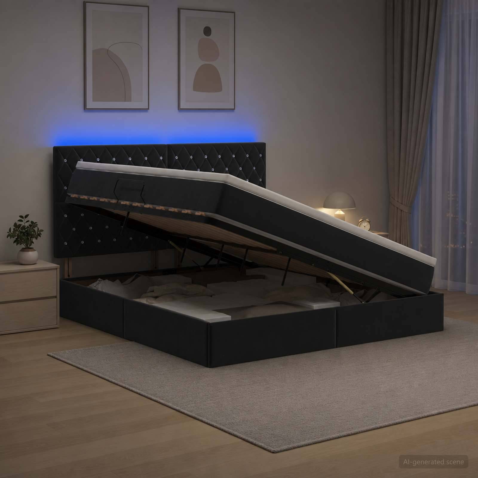 Modernes Schlafzimmer mit einem schwarzen Polster-Ottomanbett, das geöffnet ist und den Stauraum unter der Matratze zeigt.