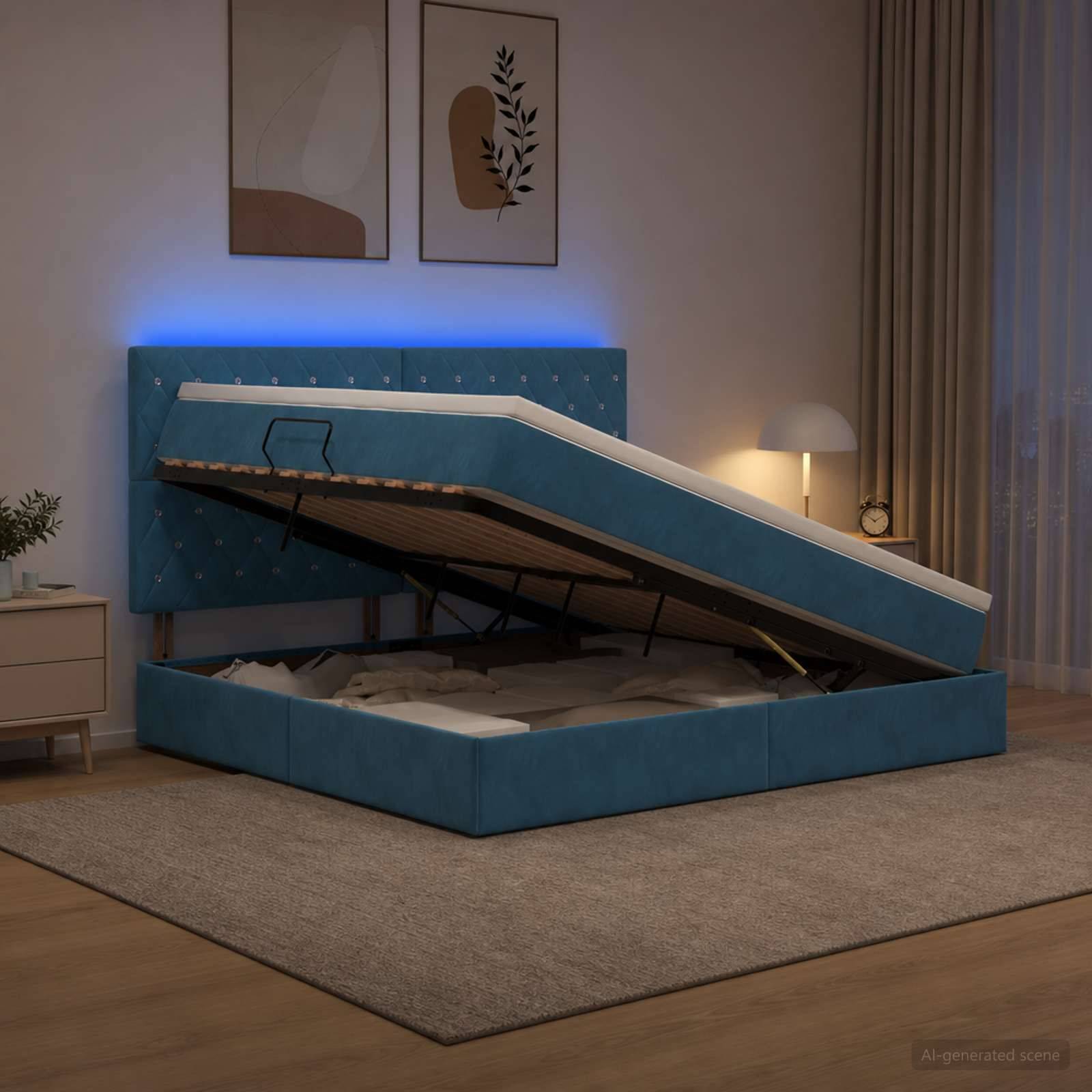 Blaues Polsterbett mit Matratzenlifter offen, das unter dem Bett versteckte Stauraum zeigt, in einem sanft beleuchteten Schlafzimmer.