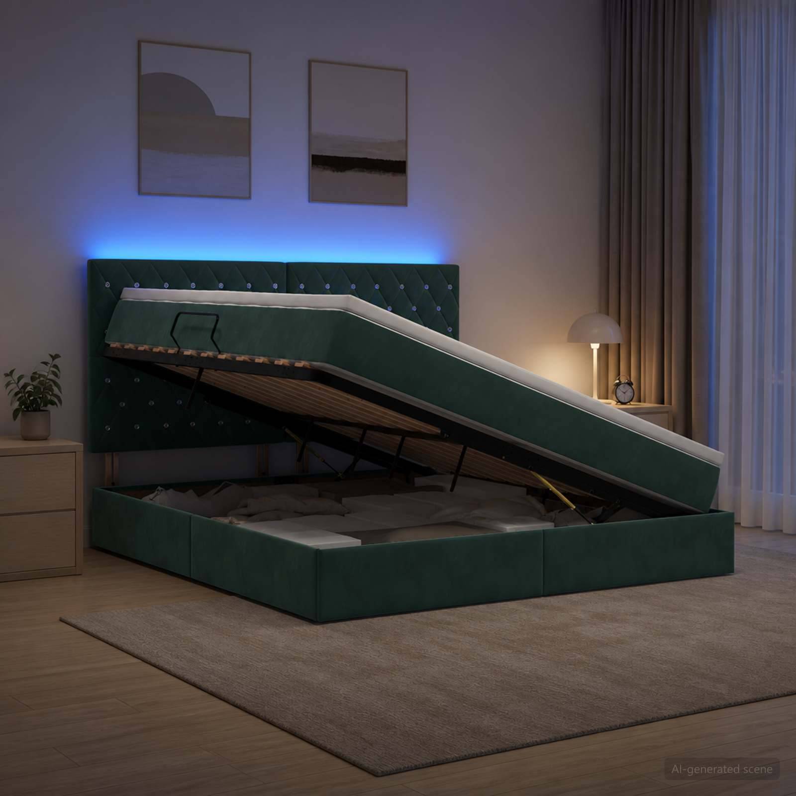 Grünes, gepolstertes Bett mit Stauraum und angehobener Matratzenunterlage, das Stauraum unter dem Bett zeigt, in einem modernen Schlafzimmer in der Nacht.