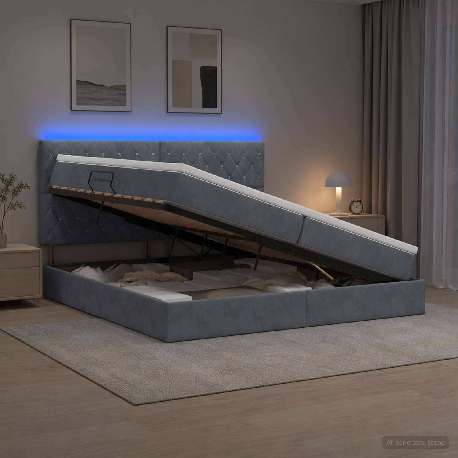 Schlafzimmer mit einem gepolsterten Bett mit Hubmechanismus, das teilweise angehoben ist und den Stauraum unter dem Bett sowie ein blau beleuchtetes Kopfende neben einer Nachttischlampe und einem Vorhang zeigt.
