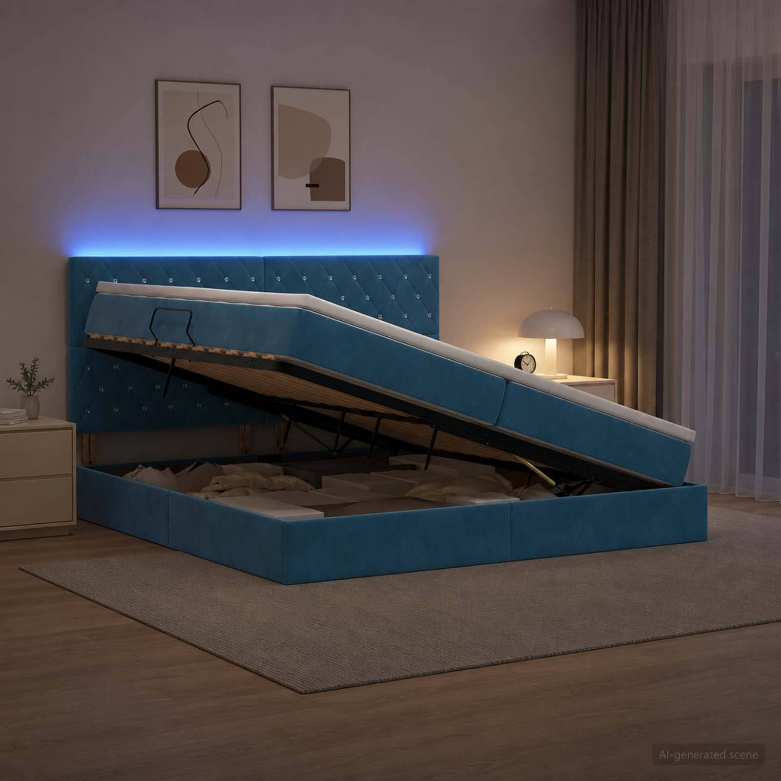 Blaubezogenes Speicherbett mit angehobenem Wattenbett, das das Unter-Bett-Compartment in einem modernen Schlafzimmer zeigt.