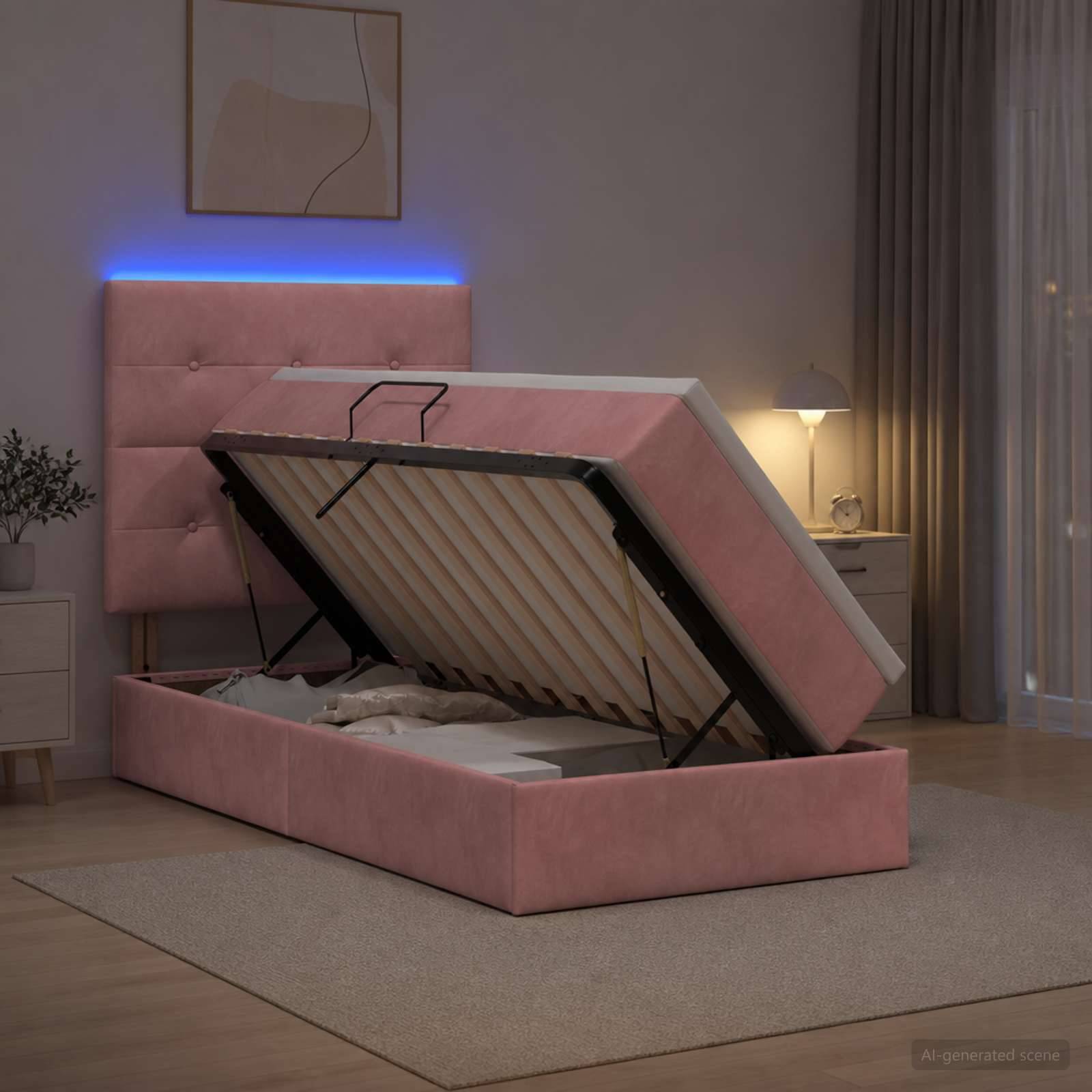 Rosa gepolstertes Bett mit erhöhter Matratze auf einer verstellbaren Aufbewahrungsbasis in einem modernen Schlafzimmer.