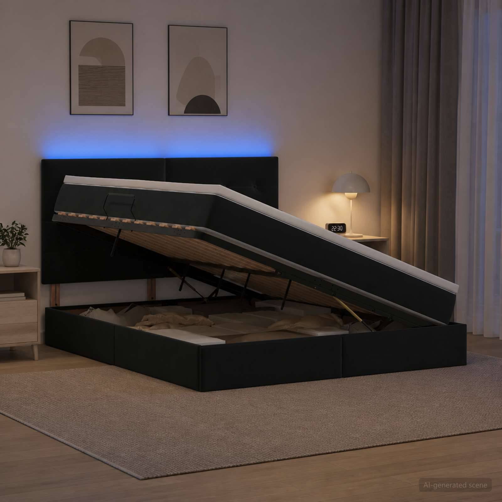 Modernes Bett mit hochgeklappter Matratze, die eingebaute Stauraum-Fächer offenbart, in einem sanft beleuchteten Schlafzimmer.