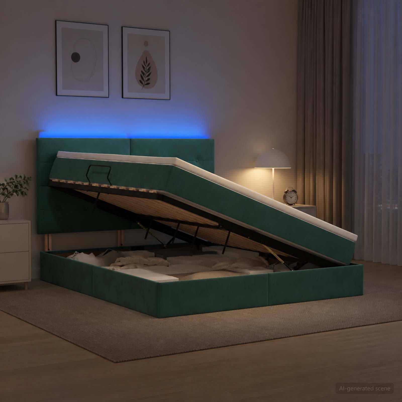 Grünes Polster-Stauraumbett mit Aufklapp-Mechanismus, offen in einem modernen Schlafzimmer, wobei die Matratzenunterlage sichtbar ist; blaues LED-Licht glüht hinter dem Kopfteil.
