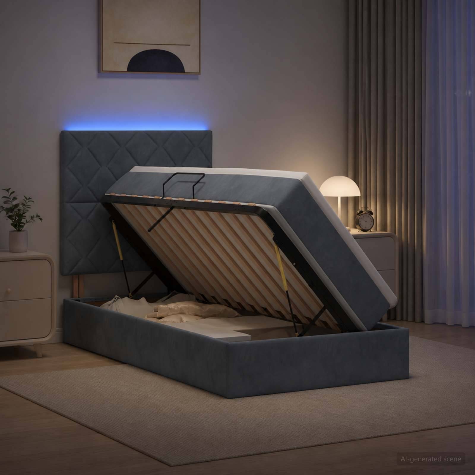 Modernes Bett mit gepolsterter Speicherbasis und angehobener Matratzenplattform, gezeigt in einem minimalistischen Schlafzimmer mit blauem hinterleuchtetem Kopfteil und Nachttischleuchte.