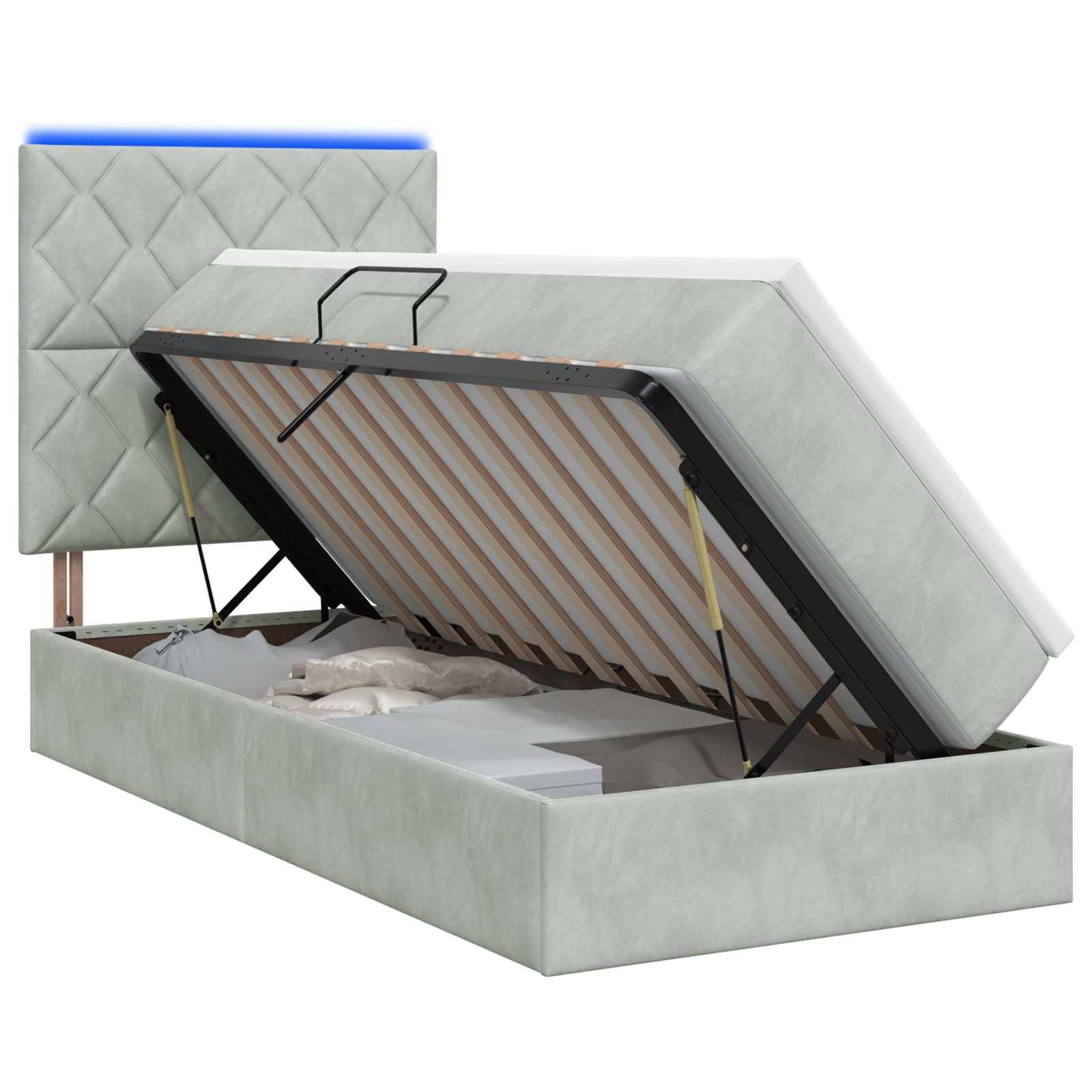 Gepolstertes Speicherbett mit hochklappbarer Matratzenunterlage, die einen Stauraum unter dem Bett und einen Lattenrostrahmen freigibt.