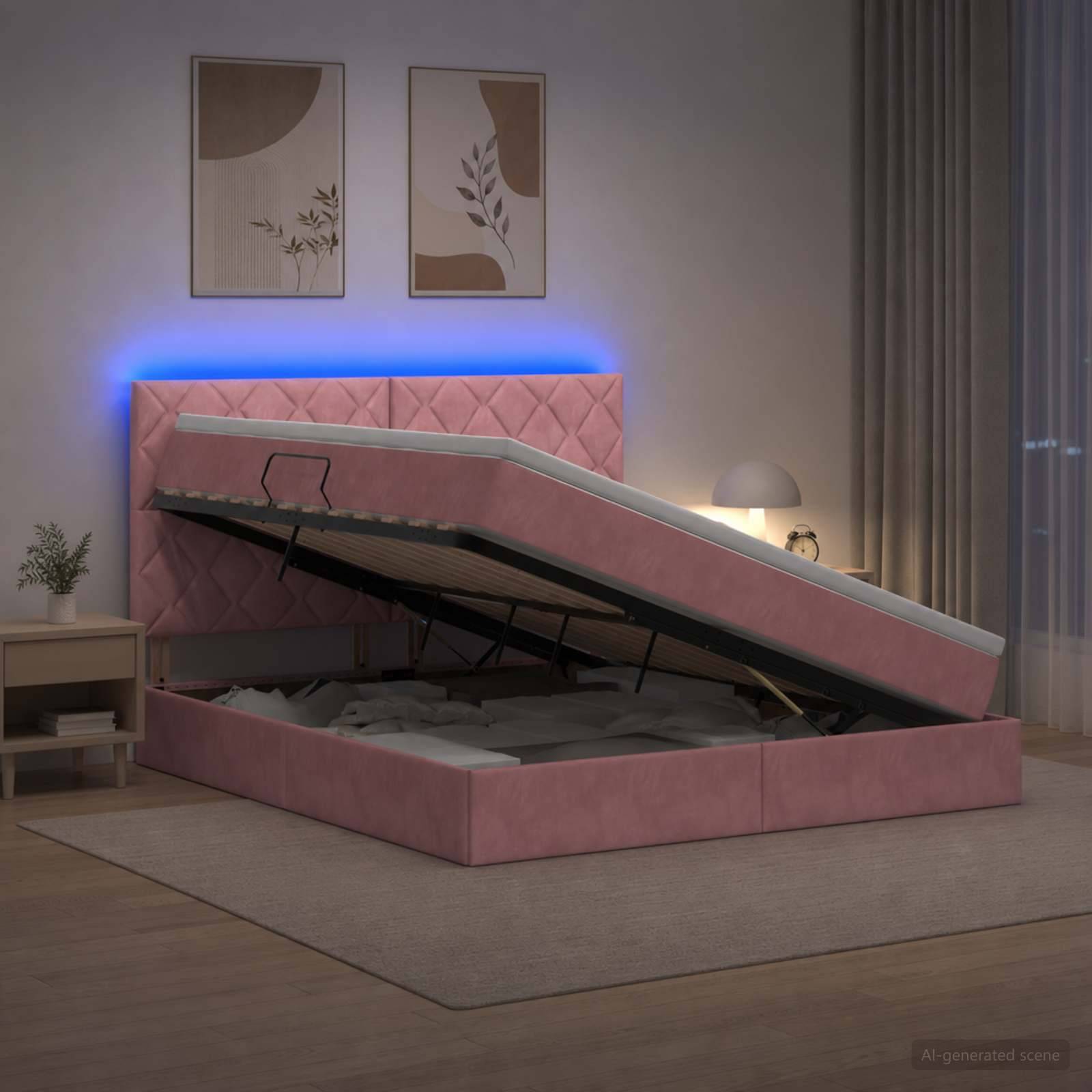 Rosa gepolstertes Bett mit Hubtechnik offen in einem Schlafzimmer, zeigt die angehobene Matratze und das interne Lagerfach.