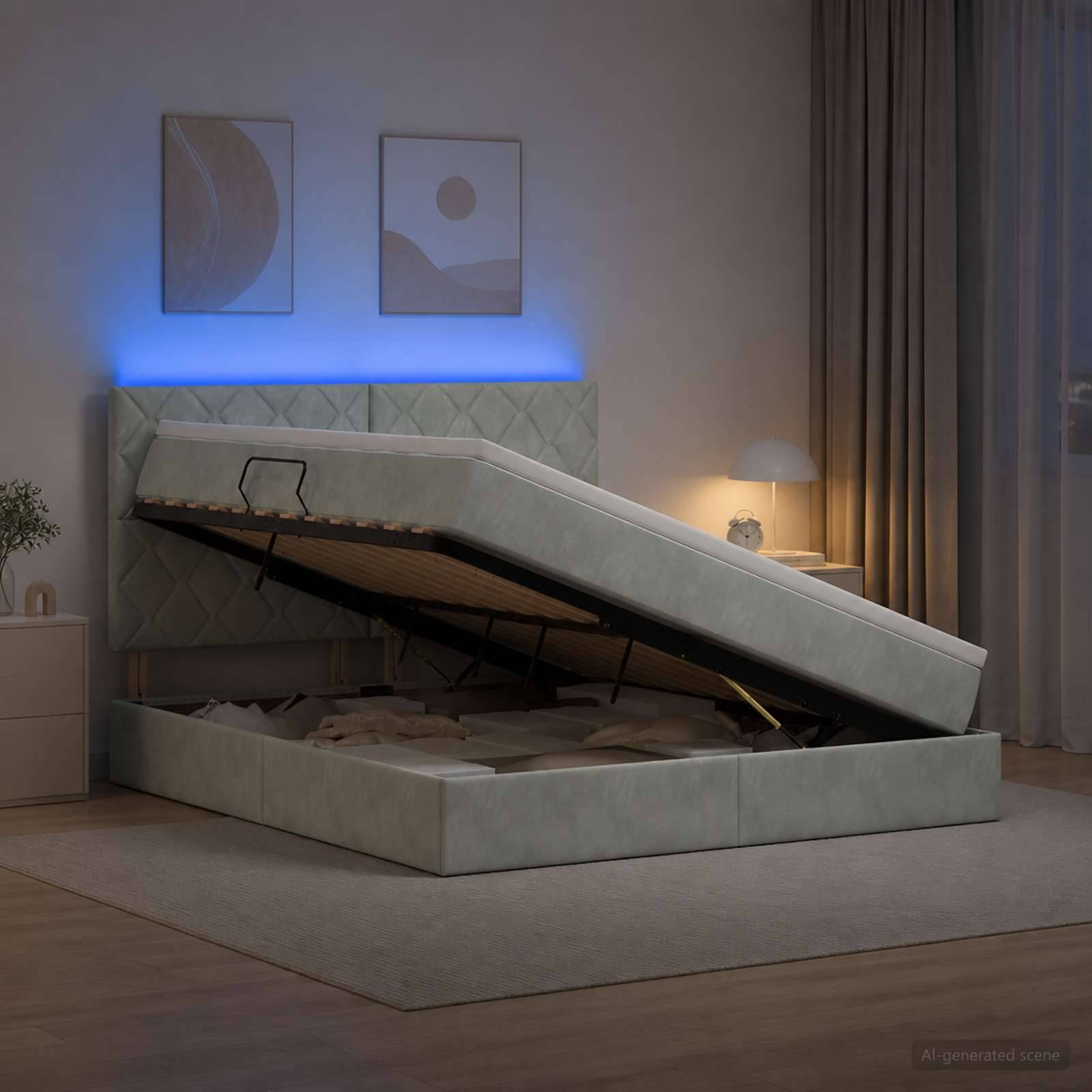 Modernes gepolstertes Speicherbett, das nach oben geklappt ist und den Stauraum unter dem Bett in einem sanft beleuchteten Schlafzimmer mit blauer Kopfleuchtenbeleuchtung offenbart.