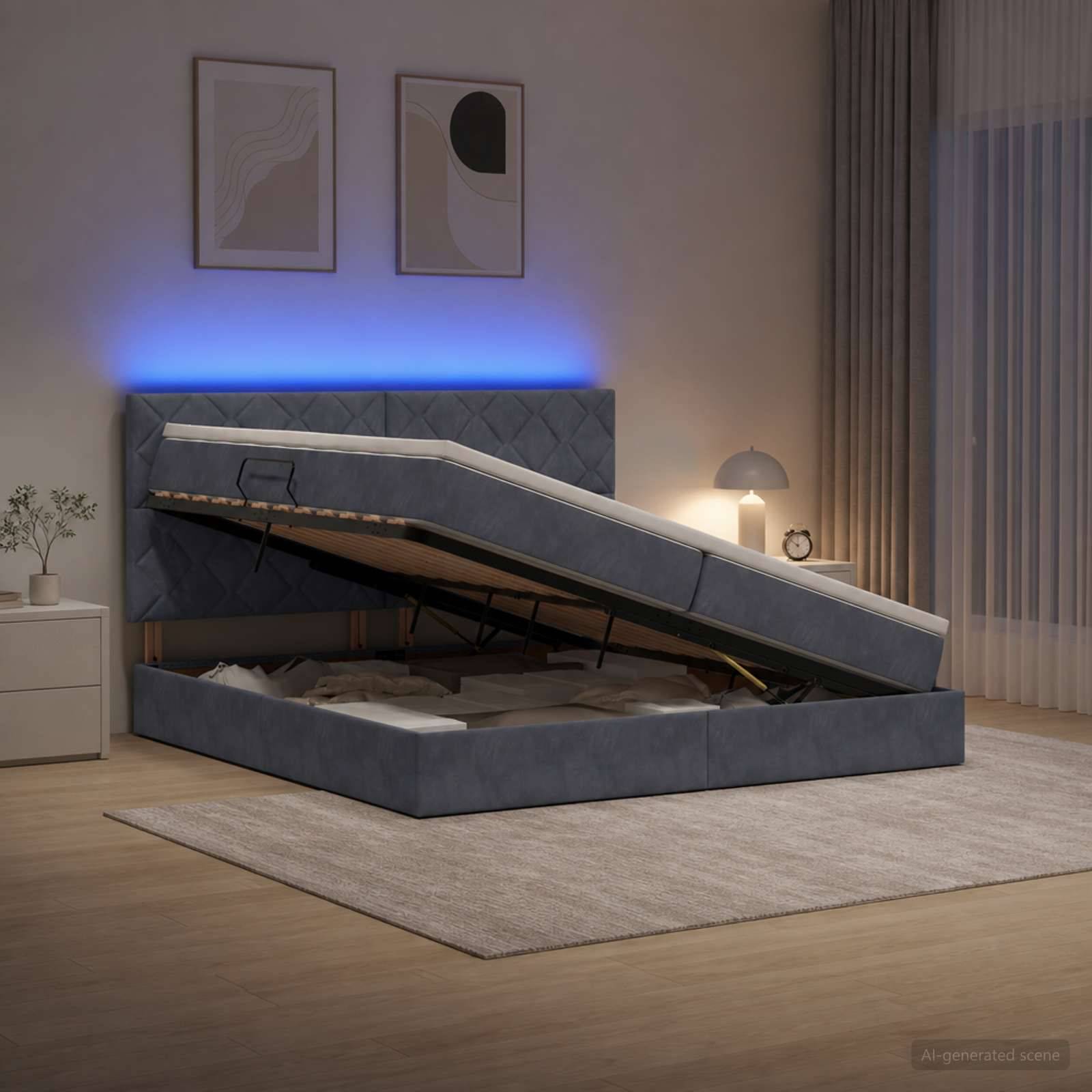 Modernes gepolstertes Bett mit teilweise geöffnetem Stauraum-Untergestell, das den verstellbaren Matratzenunterstützungsrahmen in einem Schlafzimmer zeigt.