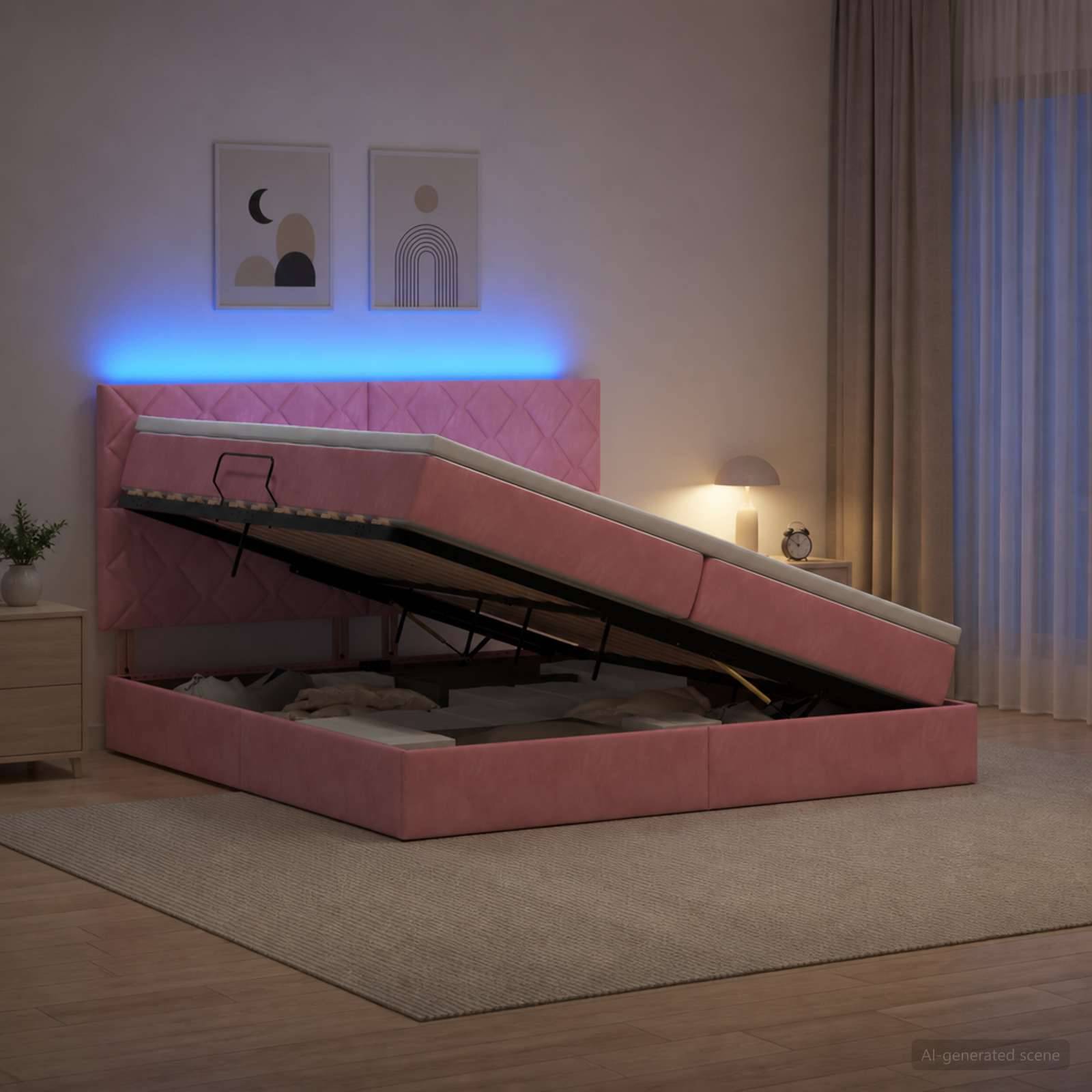 Rosa gepolstertes Bett mit hydraulischer Hubstützbasis, die in einem modernen Schlafzimmer geöffnet ist und den Stauraum unter dem Bett sowie die blaue LED-Hintergrundbeleuchtung zeigt.