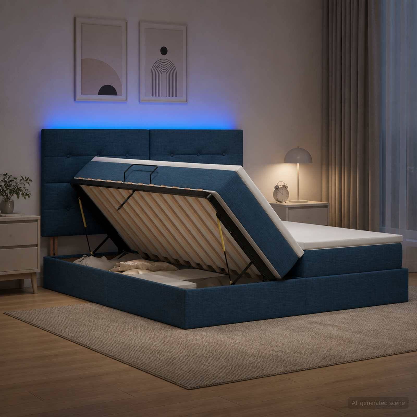 Blaues gepolstertes Ottomane-Bett, das nach oben geklappt ist und Stauraum in einem modernen Schlafzimmer mit Nachttischlampen und gerahmten Wandbildern zeigt.