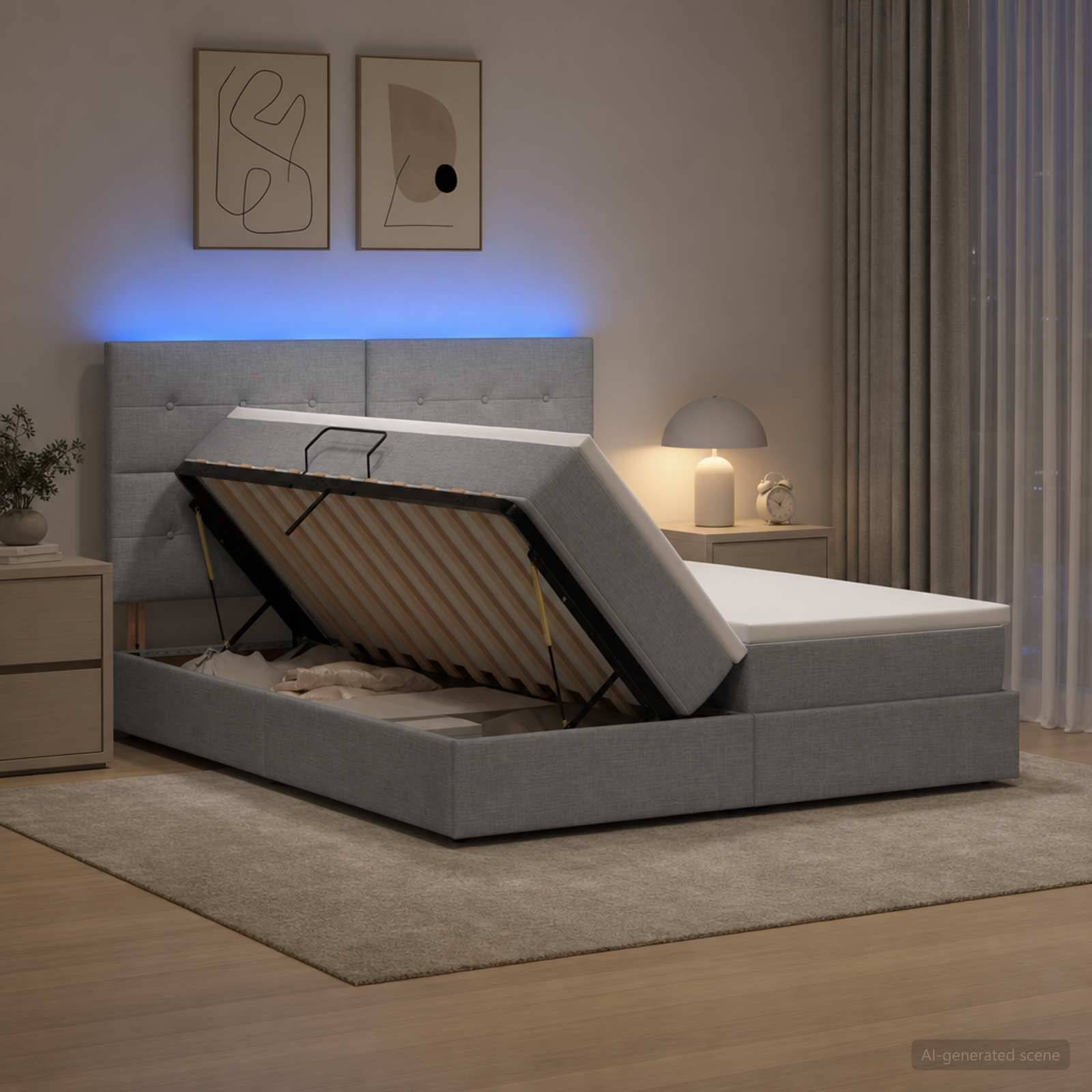 Grau gepolstertes Bett mit Hubbettsystem teilweise offen in einem modernen Schlafzimmer, das die Matratzenunterlage und den Stauraum unter dem Bett zeigt.