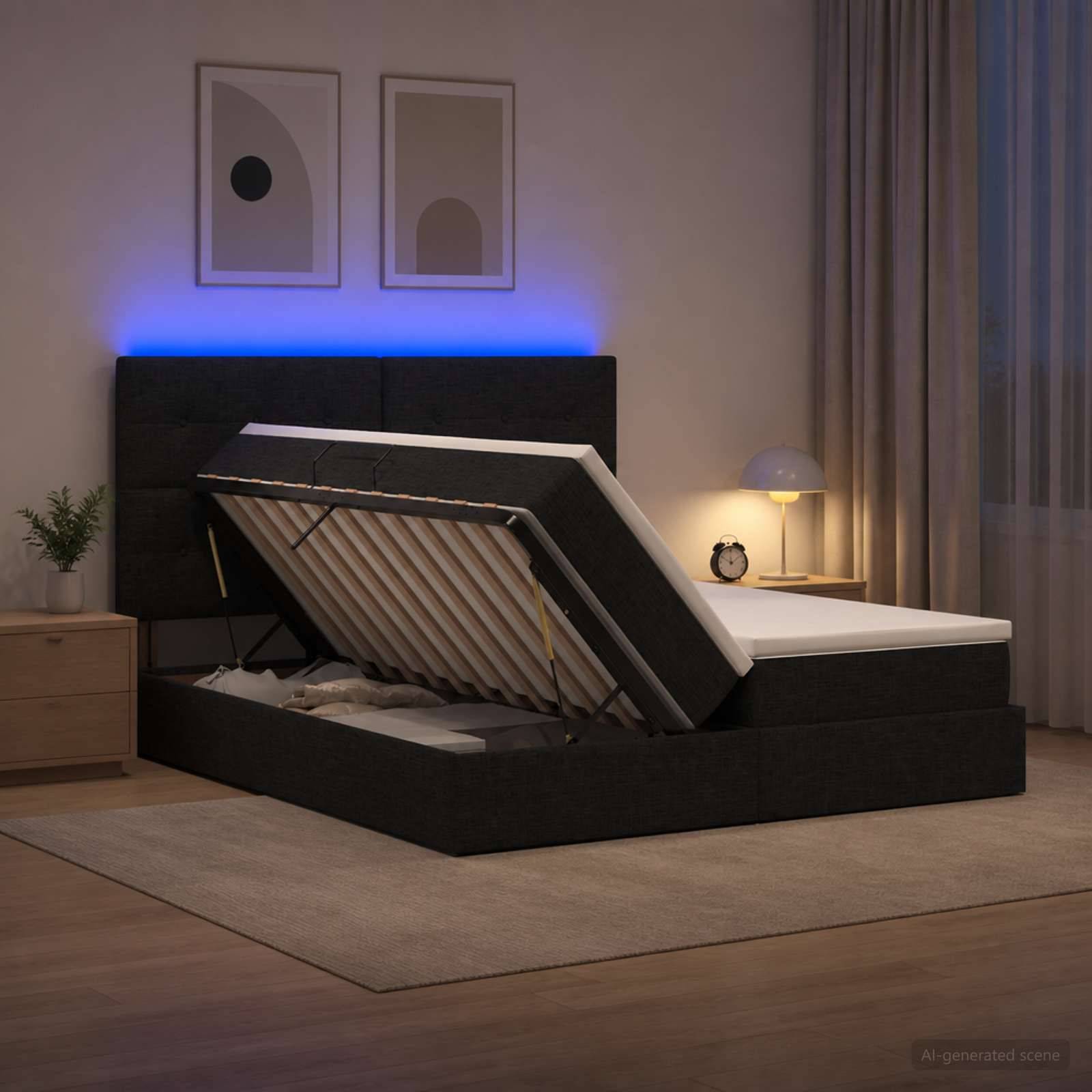 Modernes Schlafzimmer mit einem schwarzen gepolsterten Speicherbett, das angehoben ist, um die Lattenmattenbasis und den Stauraum unter dem Bett freizulegen.