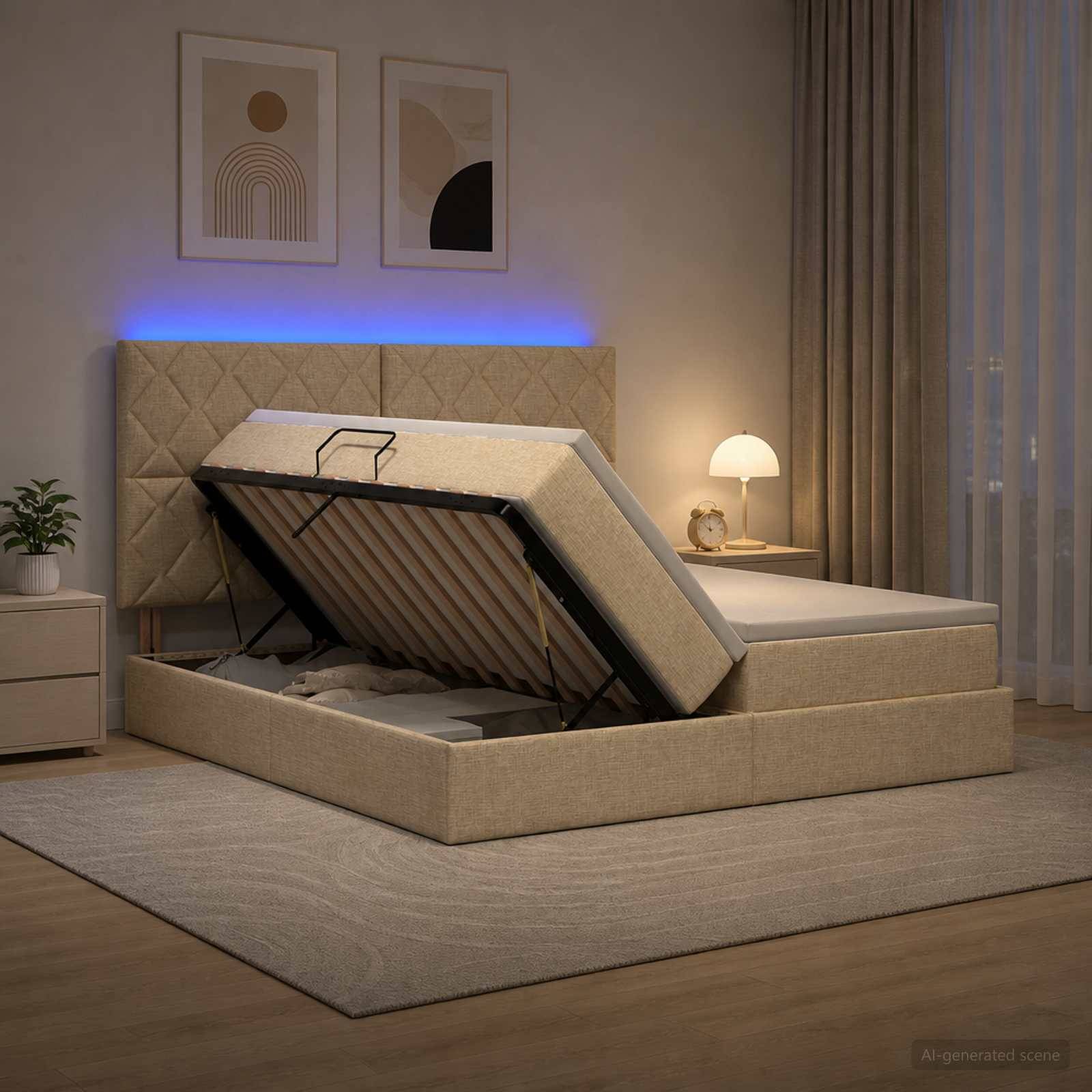 Beigefarbenes, gepolstertes Bett mit Stauraum und gehobener Matratze auf einer Gasfeder-Basis in einem modernen Schlafzimmer, das den Stauraum unter dem Bett zeigt.