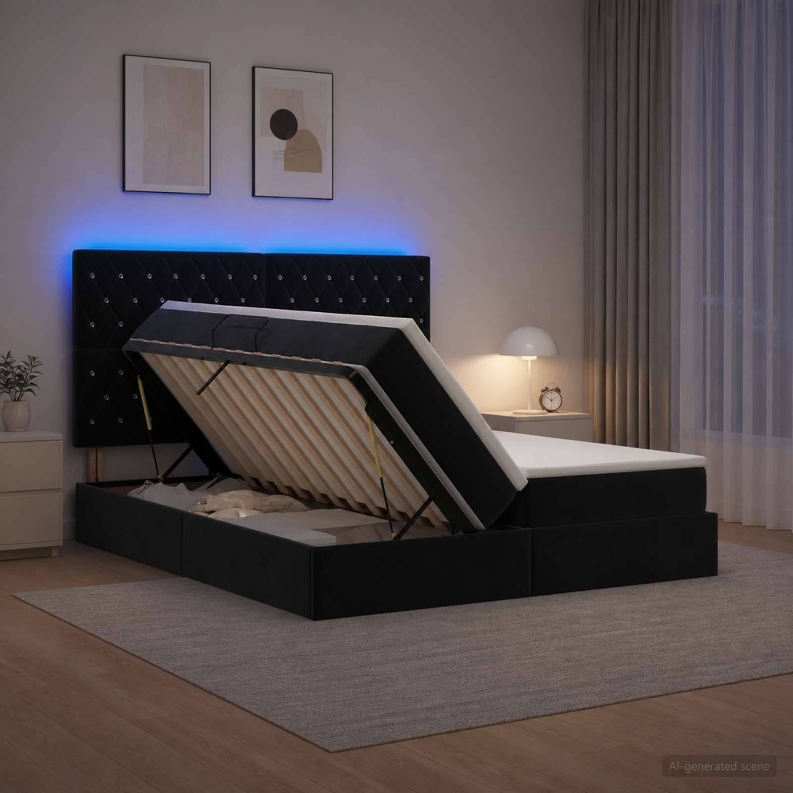 Modernes Schlafzimmer mit einem schwarzen gepolsterten Bett und blauer Hintergrundbeleuchtung, das offen gezeigt wird, um den Stauraum unter der Matratze freizulegen.