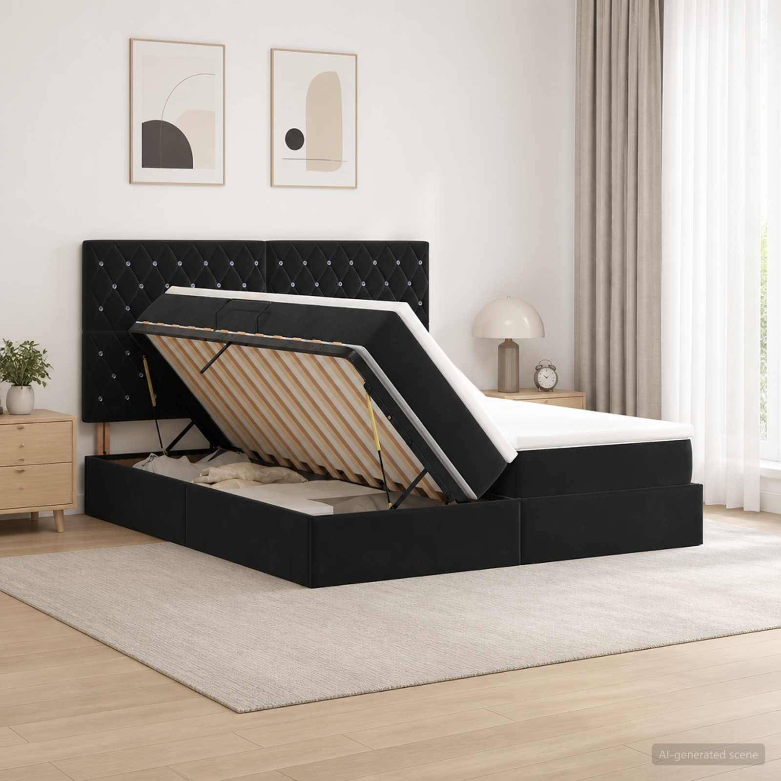 Schwarzes gepolstertes Bett mit Stauraum und Gasdruckfeder in einem hellen Schlafzimmer, abgebildet mit angehobener Matratze, um das Stauraumfach und die Latten-basis zu zeigen.