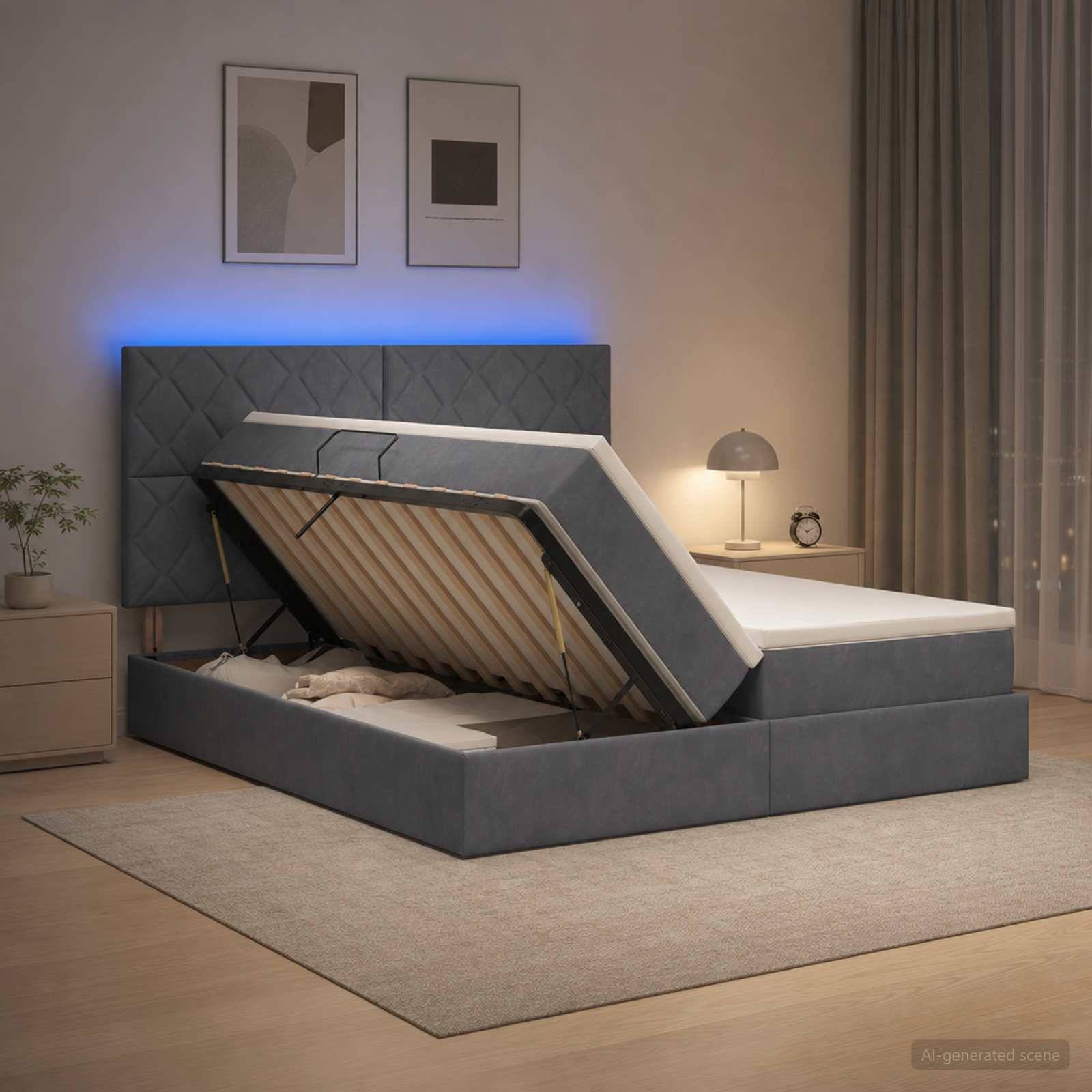 Graues gepolstertes Speicherbett mit angehobener Matratze, um das eingebaute Fach zu zeigen, in einem modernen Schlafzimmer mit Nachttischlampe und Wandkunst.