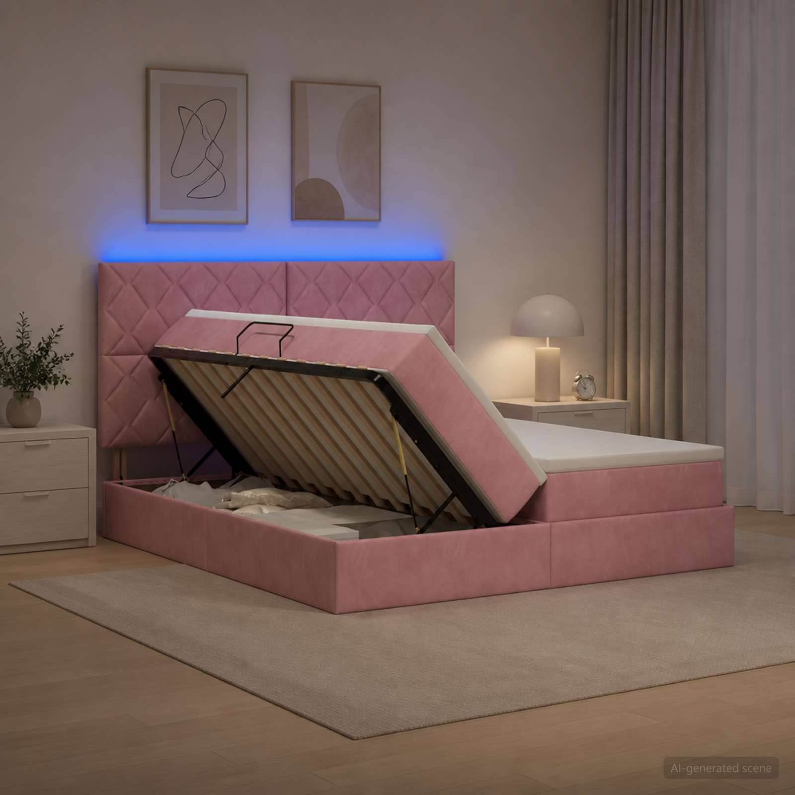 Rosa gepolstertes Speicherbett mit angehobenem Bettgestell, das die Scharnierunterlage offenbart, in einem modernen Schlafzimmer mit blauer Hintergrundbeleuchtung und Nachttischlampen.
