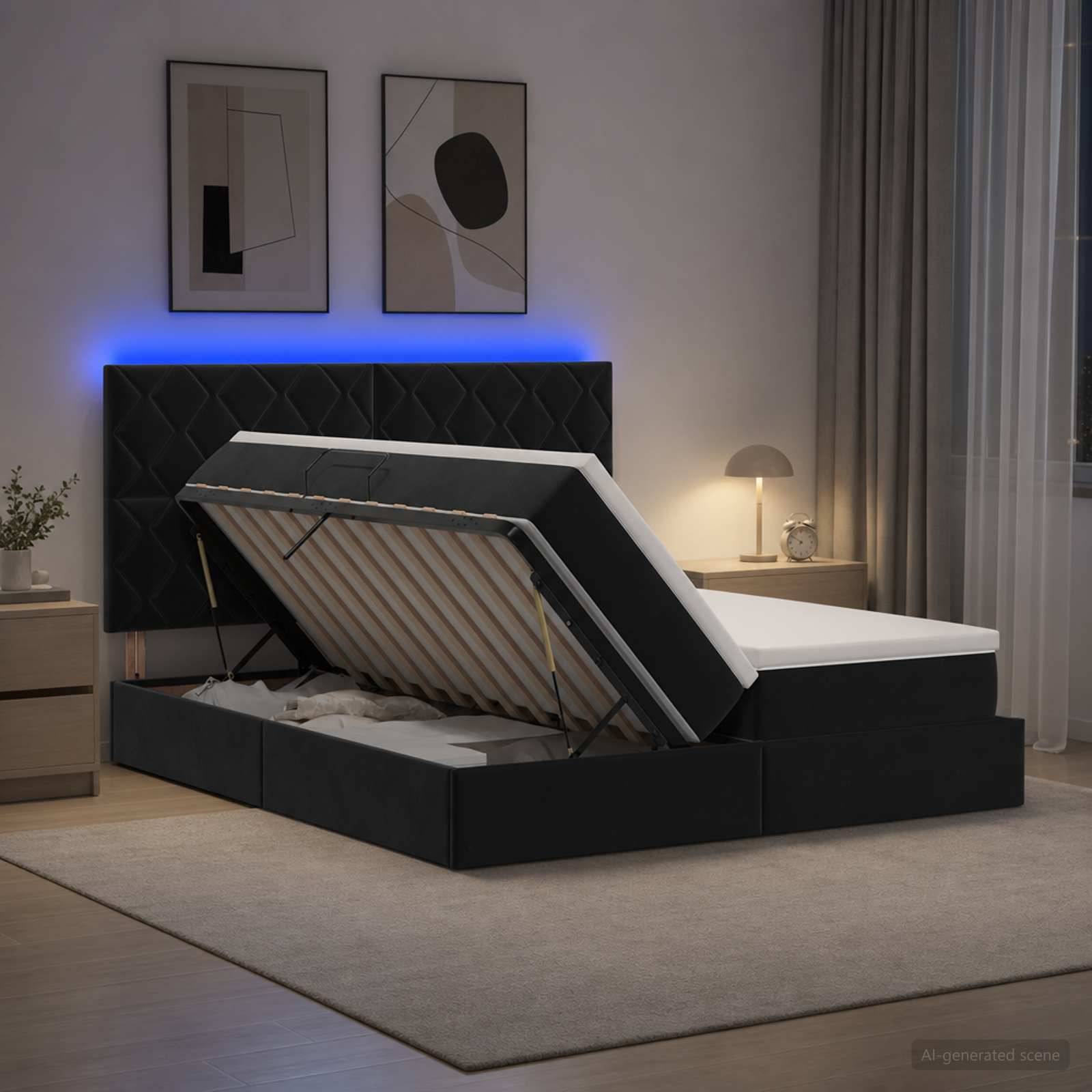 Modernes Schlafzimmer mit einem schwarzen gepolsterten Bett mit Hubmechanismus, das offen ist und die Matratzenunterlage zeigt, blauer LED-Kopfleuchtung, Nachttisch, Lampe und Wandkunst.