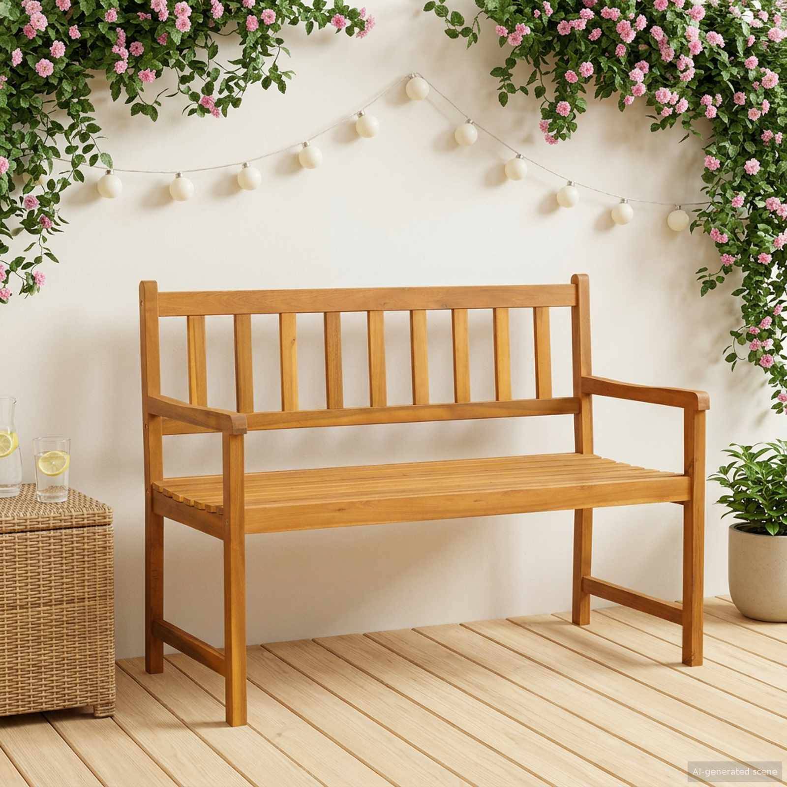 Holzbank in einer gartengestalteten Umgebung, zentriert vor einer weißen Wand mit hängenden Lichterketten, rosa Blüten und getopftem Grün.