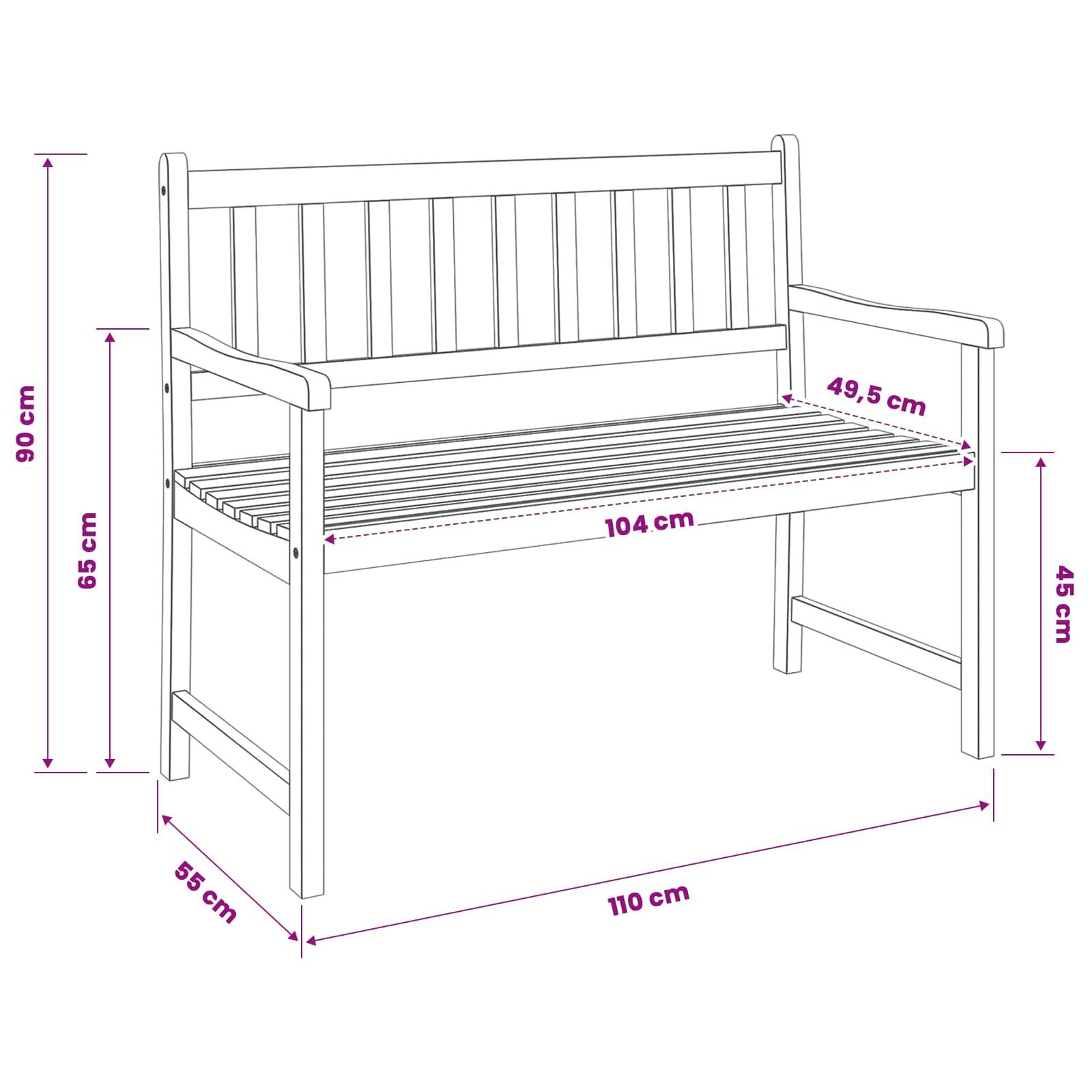 Strichzeichnung einer Bank mit Rückenlehne und Armlehnen, mit folgenden Abmessungen: 110 cm breit, 55 cm tief, 90 cm hoch, Sitzfläche 45 cm hoch und 104 x 49,5 cm Sitzbereich.