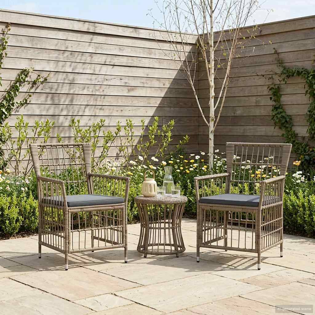 Zwei Korbstühle und ein kleiner runder Tisch mit einer Laterne und einem Krug stehen auf einer Terrasse in einem angelegten Garten.