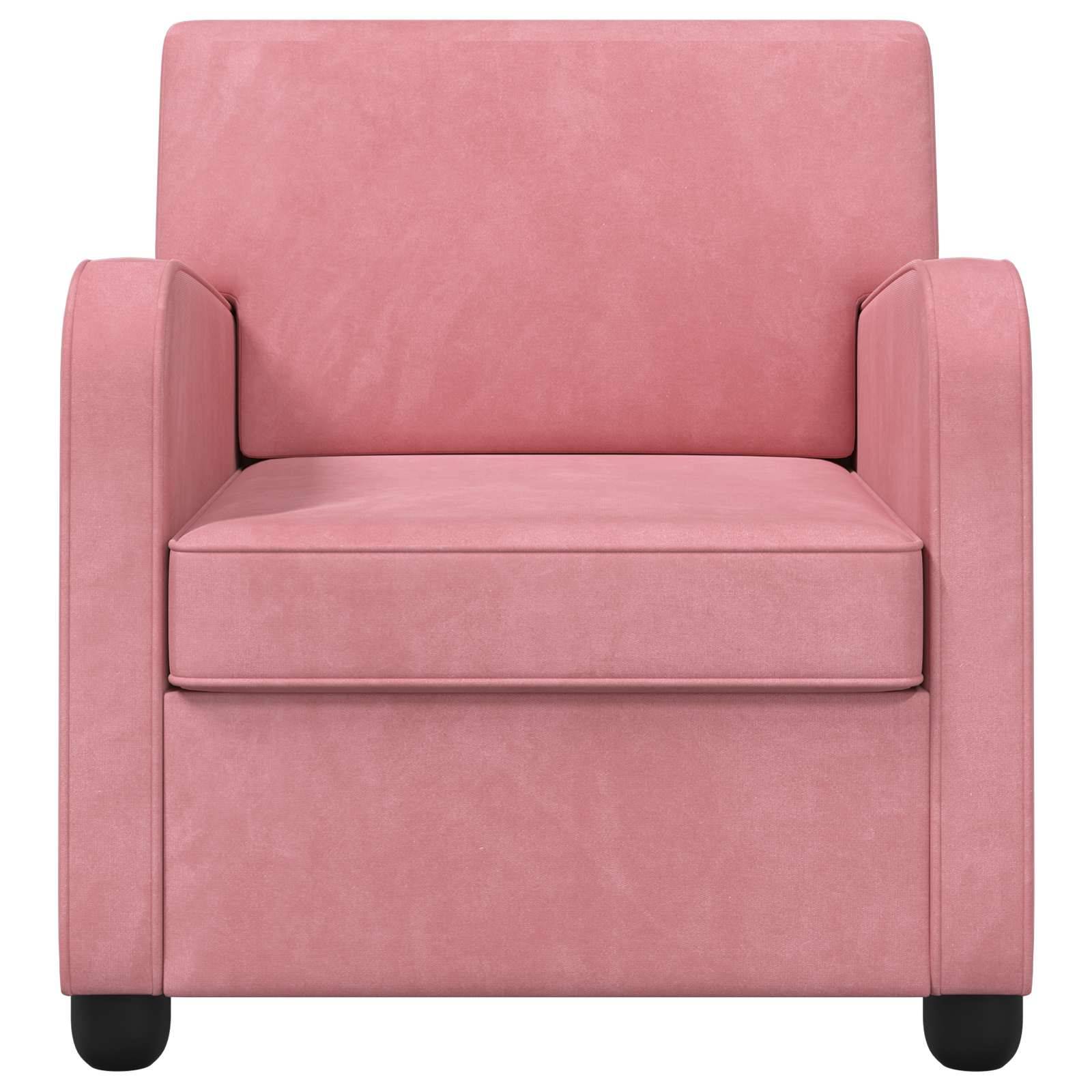 Rosa gepolsterter Sessel mit kastenförmiger Rückenlehne, gepolsterten Armlehnen und schwarzen Beinen auf weißem Hintergrund.