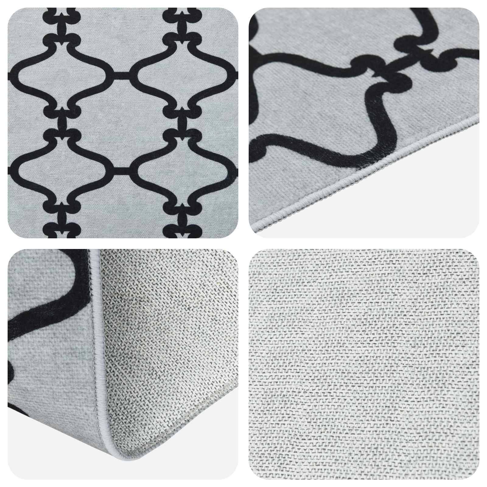 Vier Nahaufnahmen eines hellgrauen Webstoffs mit einem schwarzen geometrischen Spaliermusters und einer kantengesäumten Naht, die Struktur und Eckendetails zeigen.