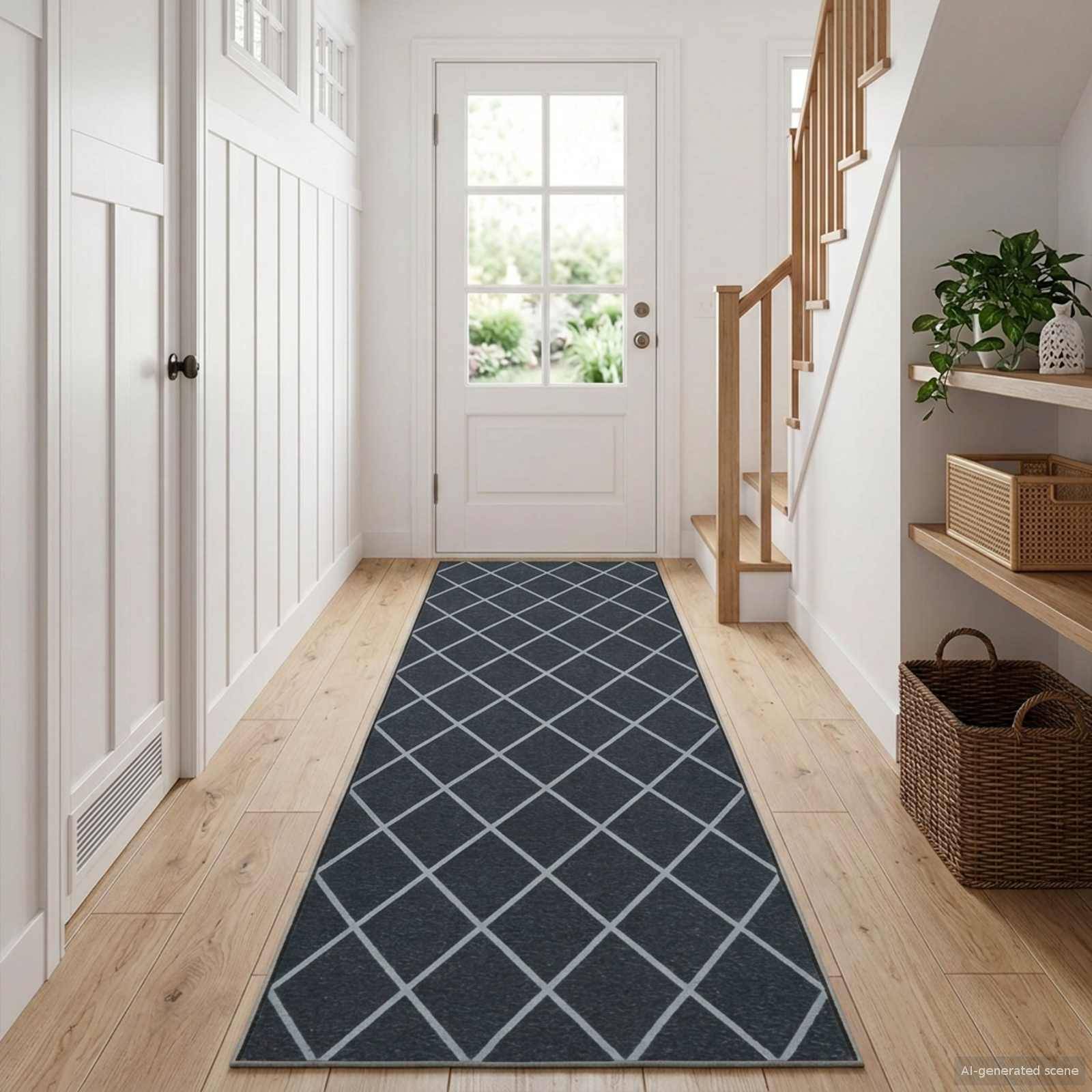 Heller Eingangsbereich mit weißer Haustür, Holzböden, Treppe und Regalen; ein dunkler geometrischer Läuferteppich führt zur Tür.