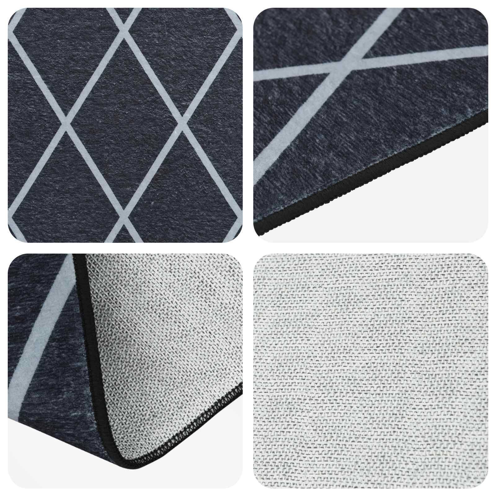 Collage aus einem dunkelgrauen geometrisch gemusterten Teppich oder Stoff mit Nahaufnahmen der Textur, Kanten und der hellgrauen gewebten Rückseite.