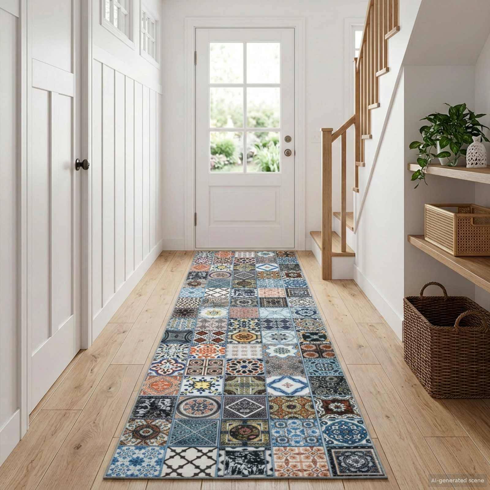 Heller Eingangsflur mit einem patchworkgemusterten blauen Läufer, weißer Haustür, Holztreppe und geflochtenen Körben auf offenen Regalen.
