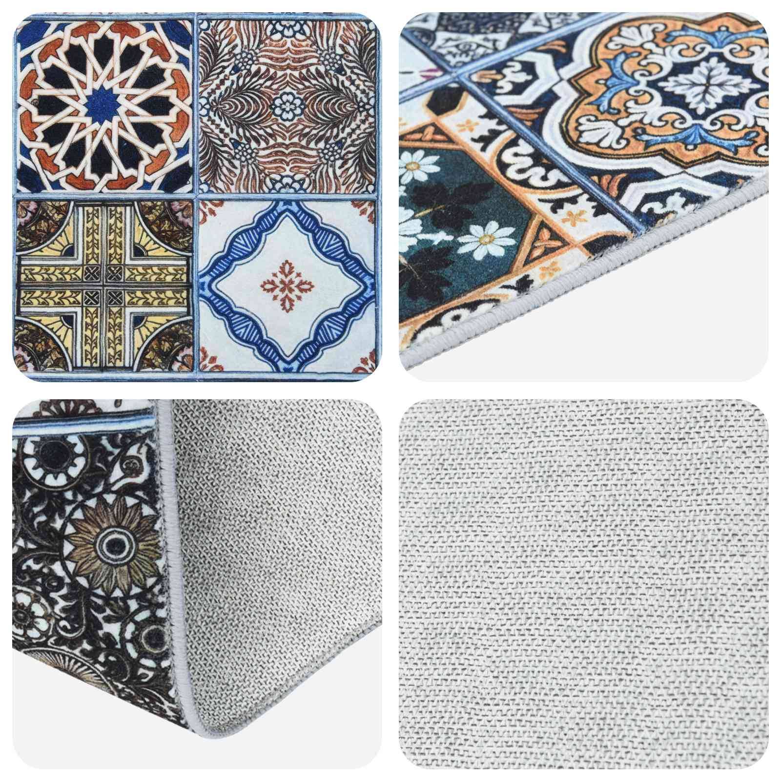 Collage, das einen gemusterten Stoff-Teppich mit farbenfrohen kachelartigen Designs und eine Nahaufnahme seiner grauen gewebten Unterseite und Kante zeigt.