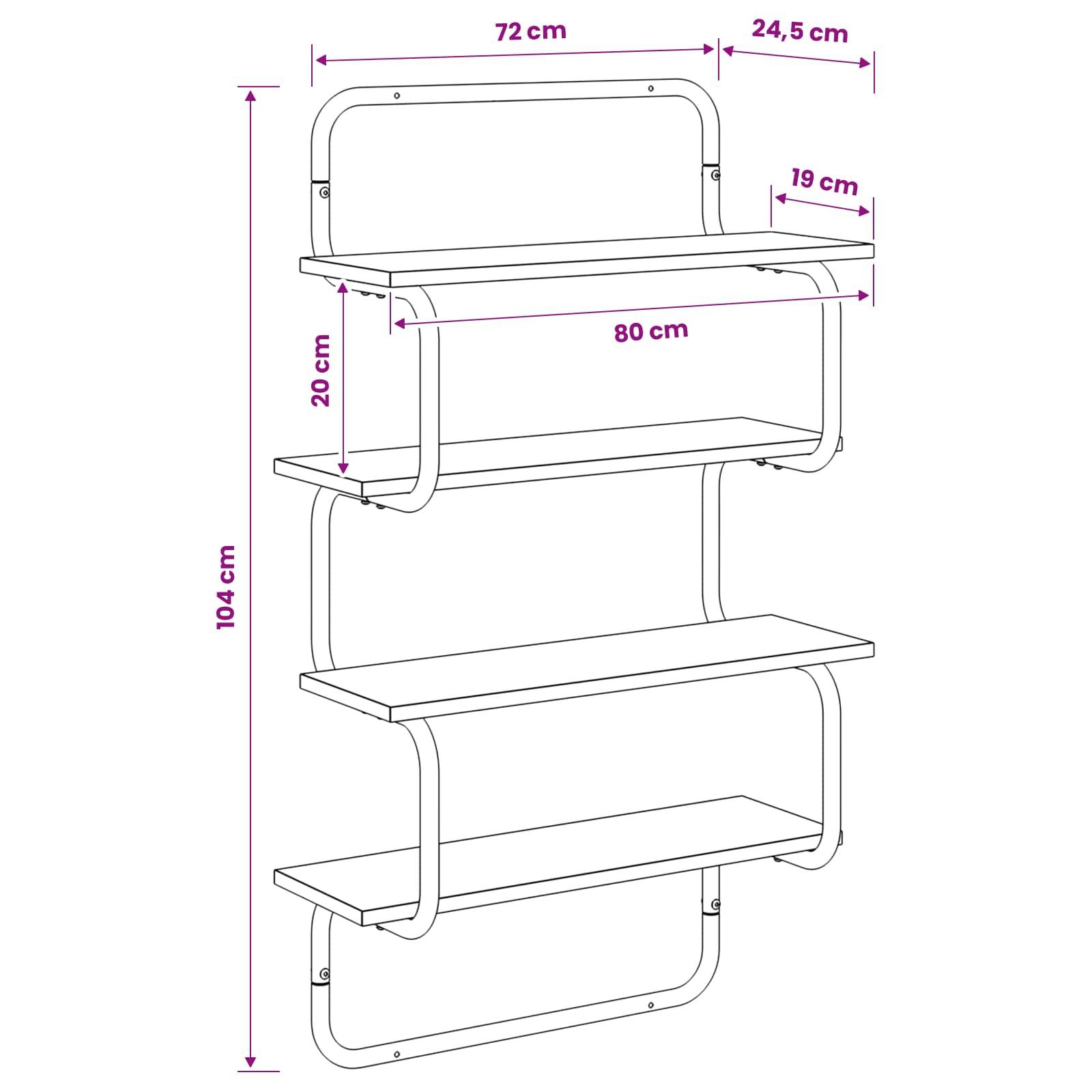 Dimensioniertes Wandregaldiagramm, das ein vierstufiges Metallregal mit Rückpaneel zeigt, 104 cm hoch, 72 cm breit, 24,5 cm tief, 80 cm Regalbreite und 20 cm Abstand zwischen den Regalen.