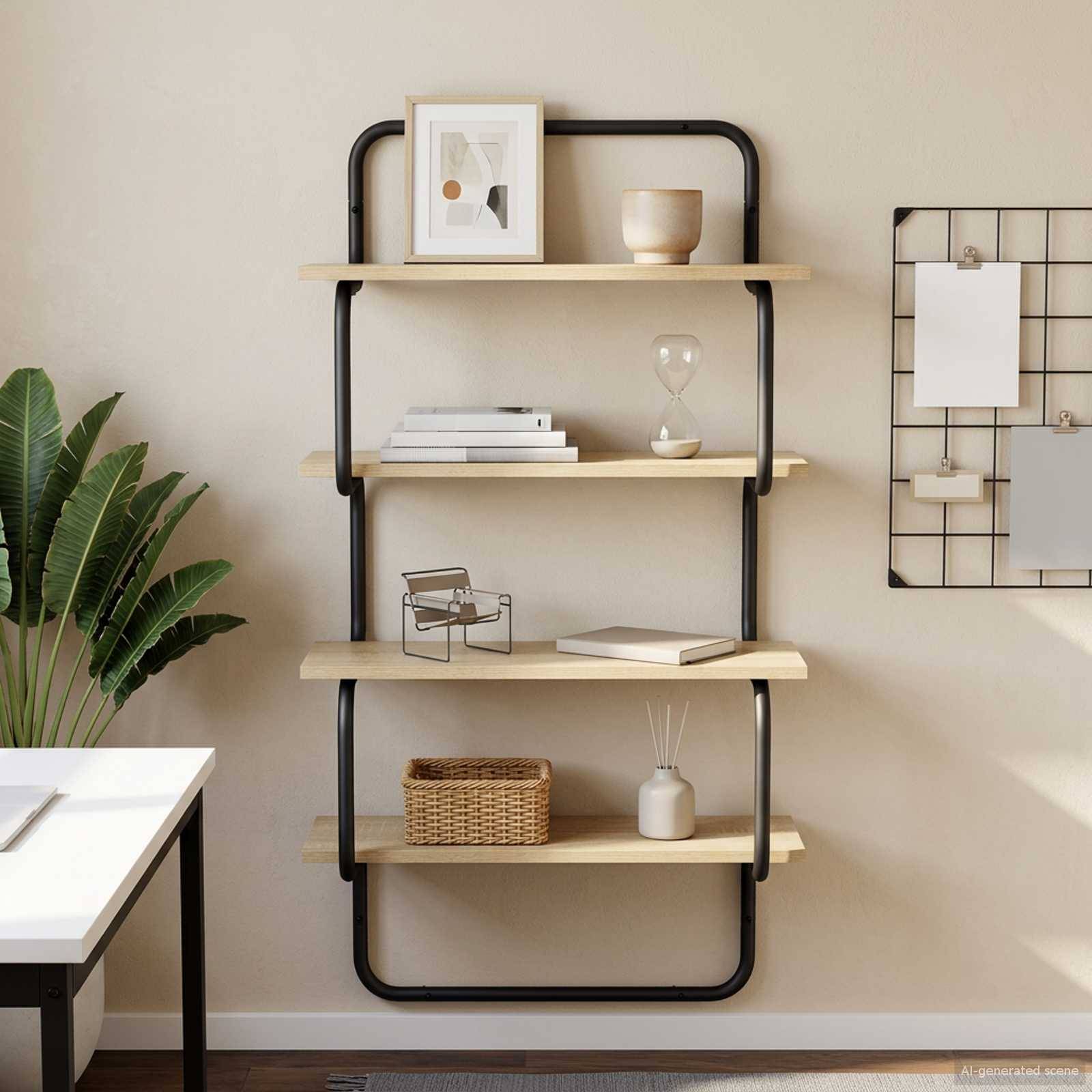 Modernes wandmontiertes Regalsystem mit Holzregalen und schwarzem Rahmen, auf dem Bücher, Dekoration und eine kleine Pflanze in einem minimalistischen Zimmer stehen.