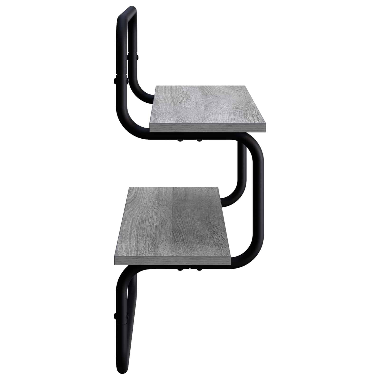 Seitenansicht einer wandmontierten zweistufigen Treppe mit grauen Holzstufen und schwarzen Metallstützen auf weißem Hintergrund