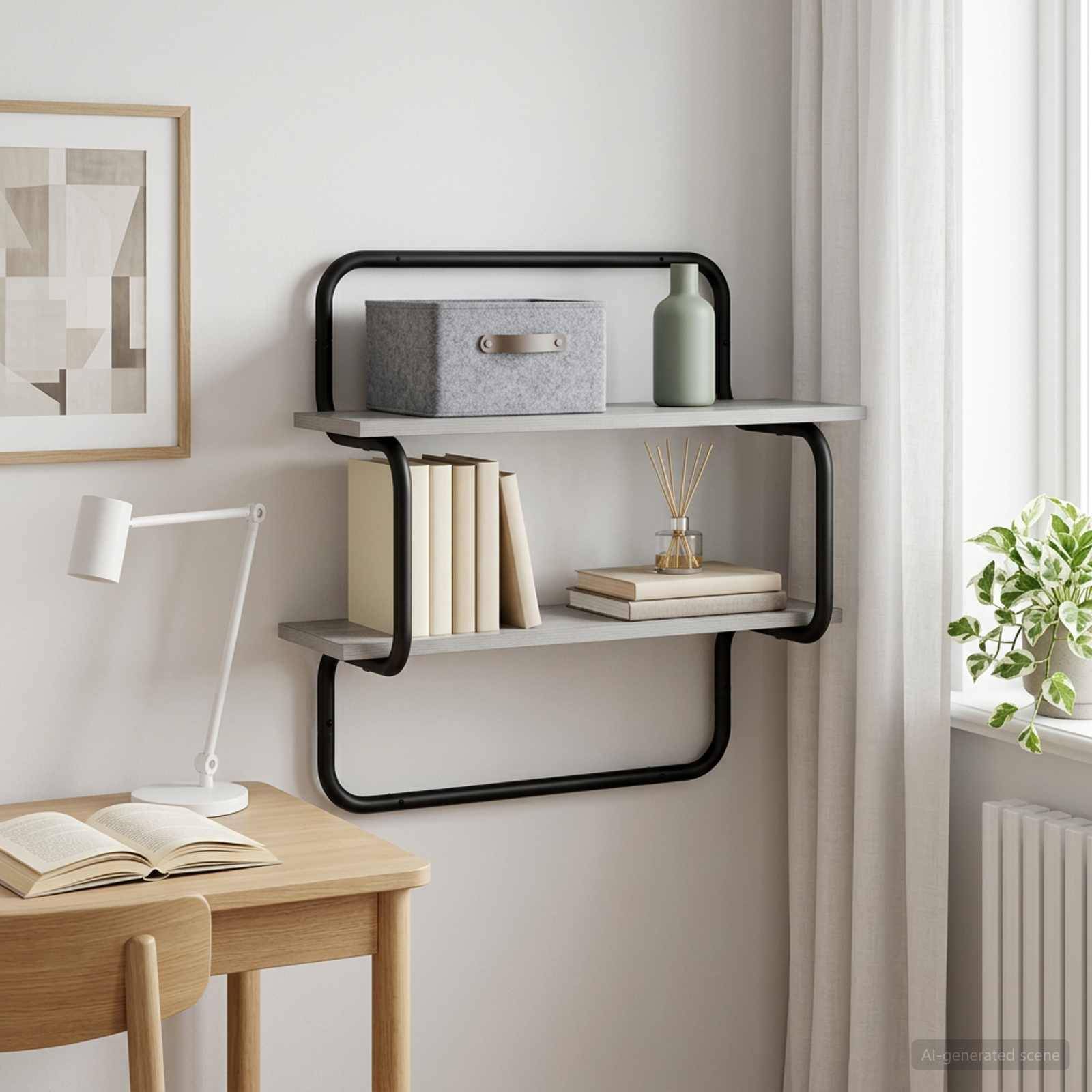 Moderner Homeoffice-Ecke mit wandmontierten Regalen, die Bücher, Dekoration und eine Lagerkiste neben einem Schreibtisch, einer Lampe, einem Vorhang und einer Topfpflanze halten.
