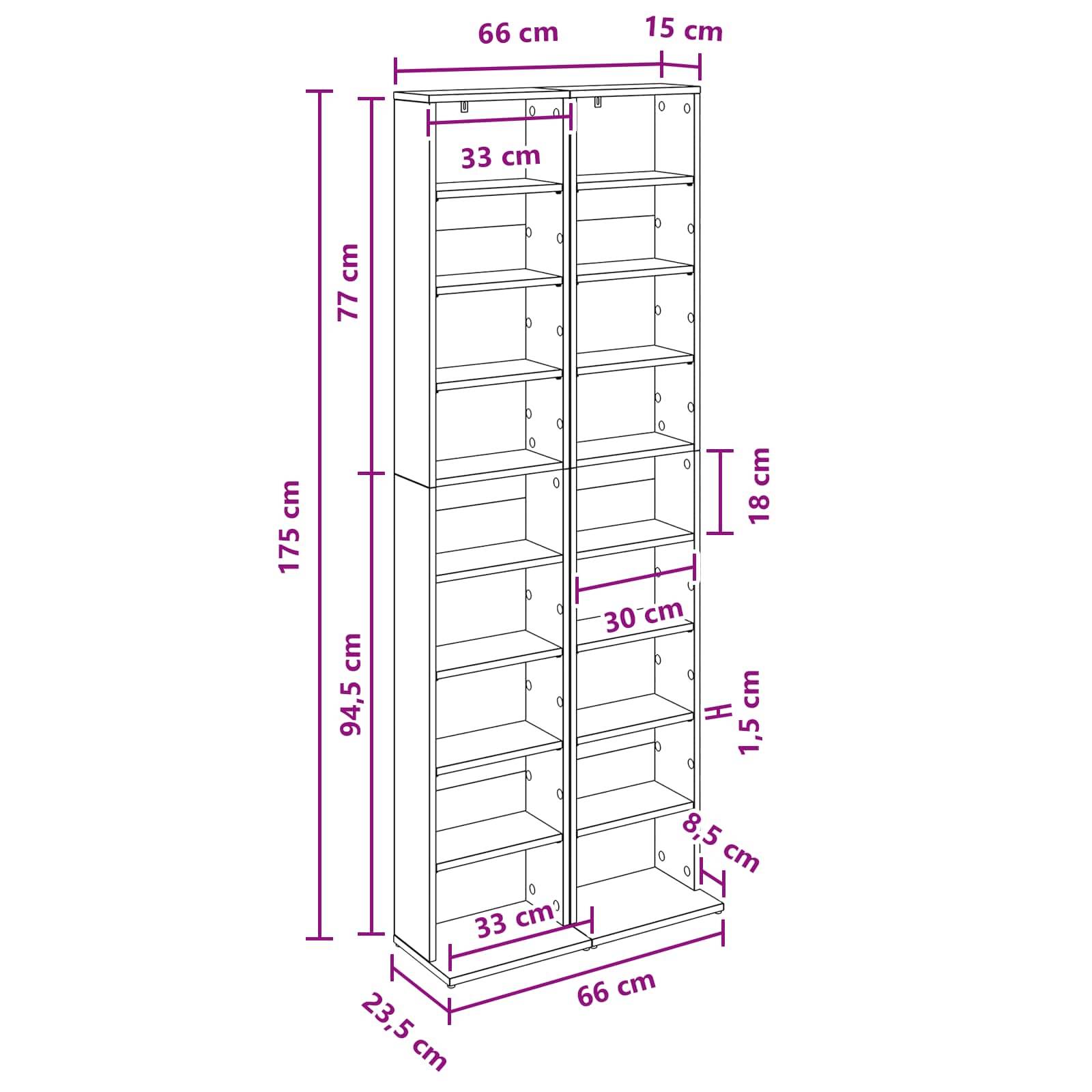 Dimensionierte Zeichnung eines hohen zweiteiligen Bücherregalschranks, 175 cm hoch, 66 cm breit, 23,5 cm tief, mit beschrifteten Regal- und Fachabmessungen.