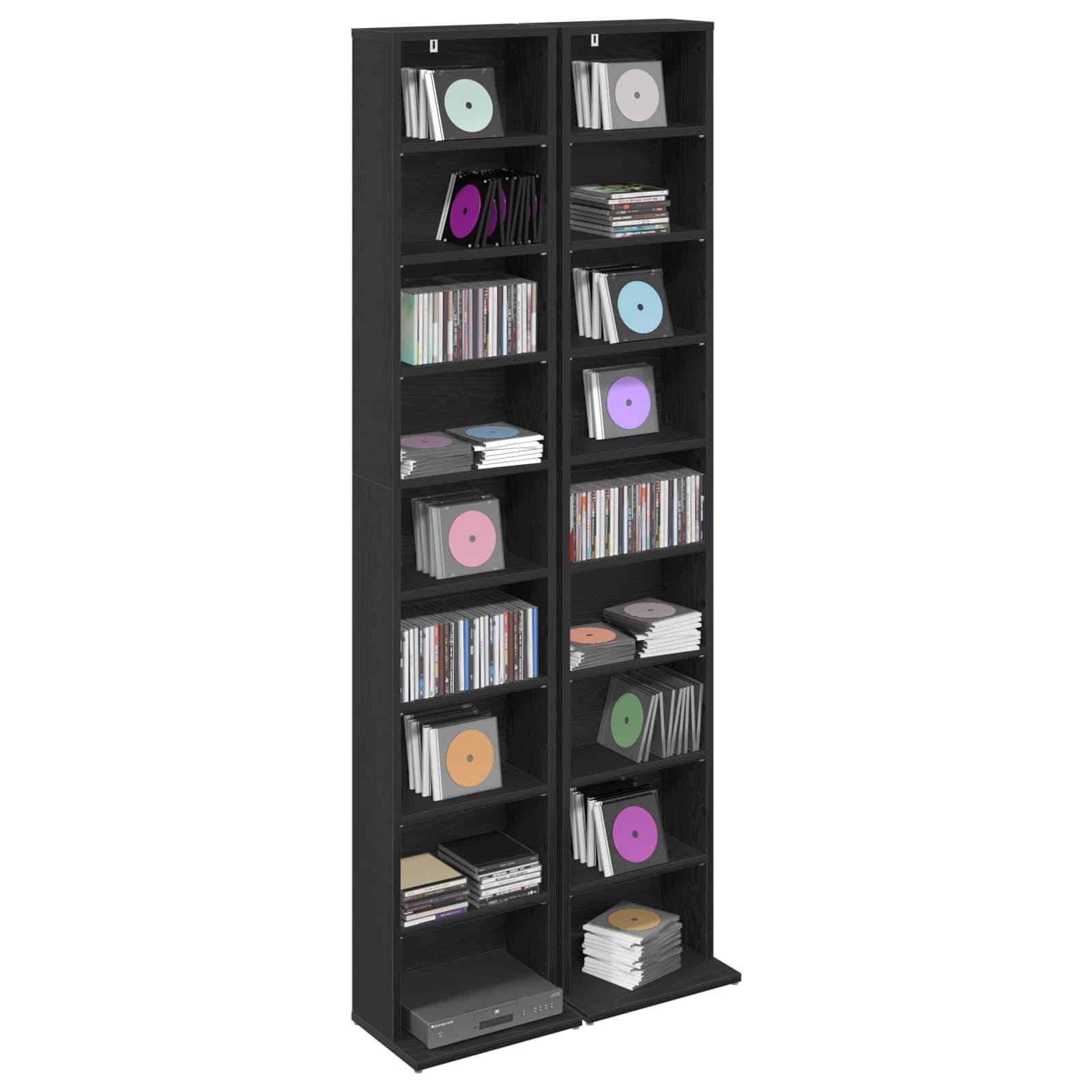 Schwarzer Lagerschrank gefüllt mit CDs, Schallplatten und Gehäusen, die auf Regalen angeordnet sind.