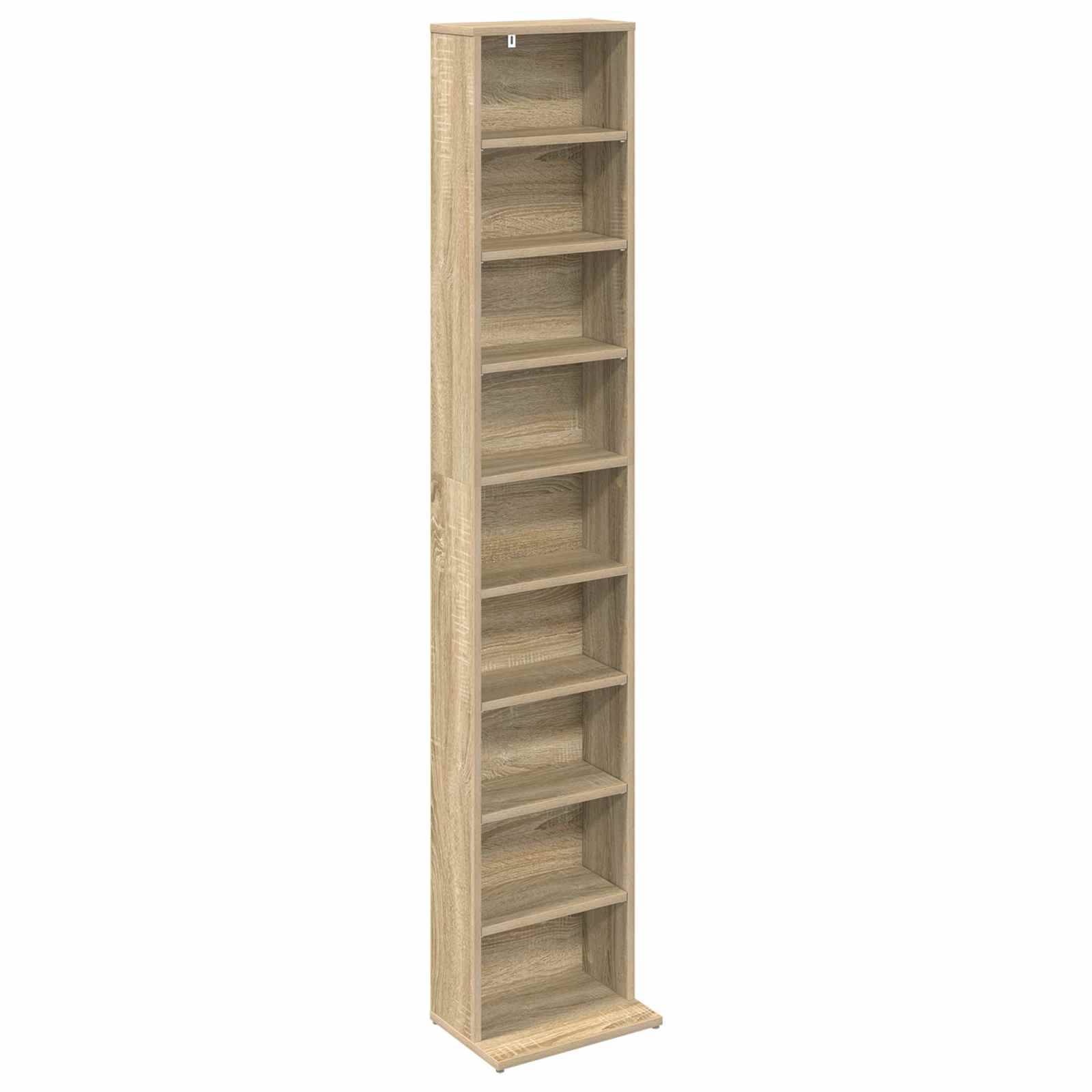 Hohes, schmales Bücherregal aus hellem Holz mit mehreren leeren Regalen und kleiner Basis, vor weißem Hintergrund dargestellt.